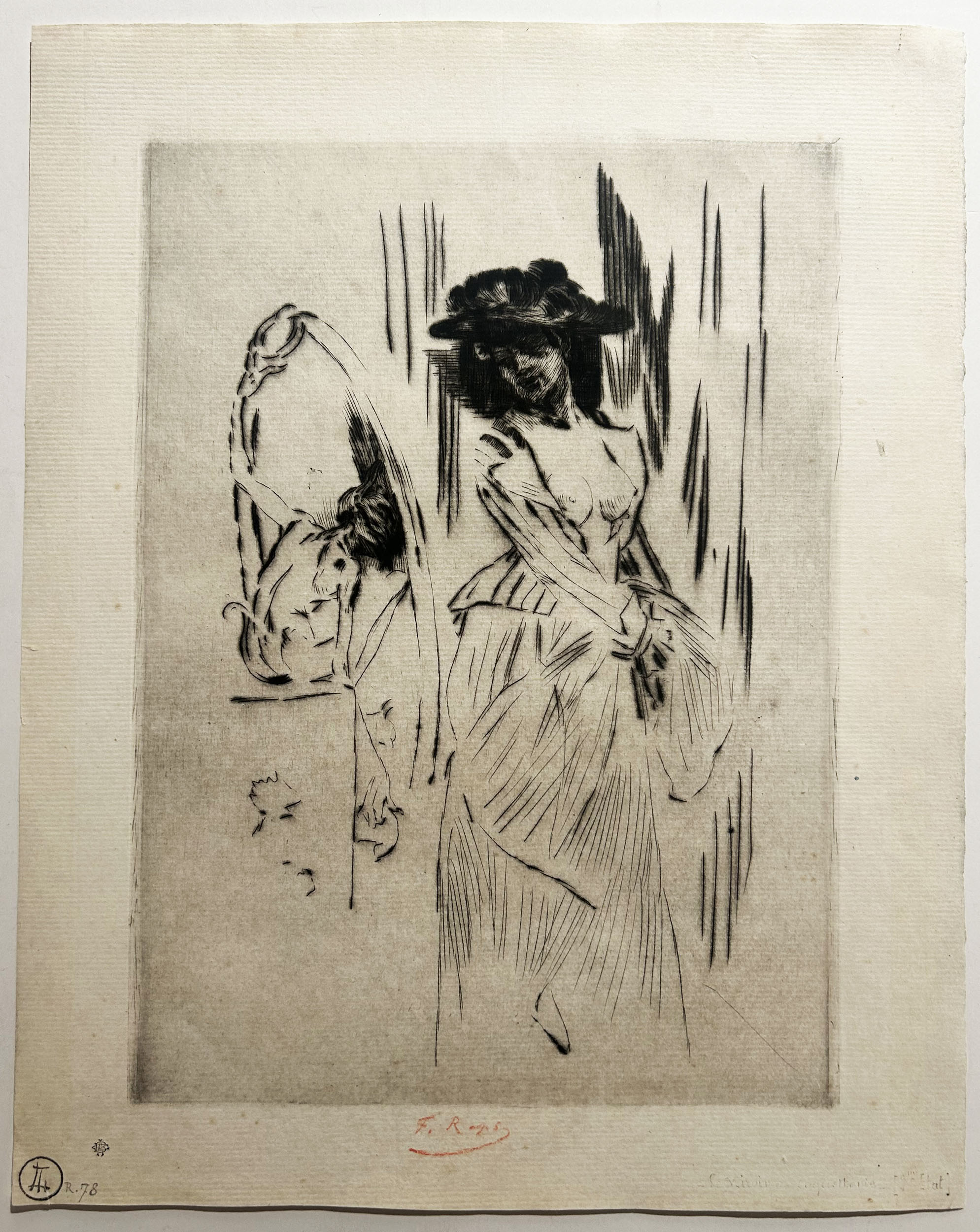 Félicein ROPS Le miroir de coquetterie. Gravure originale signée par l'artiste.