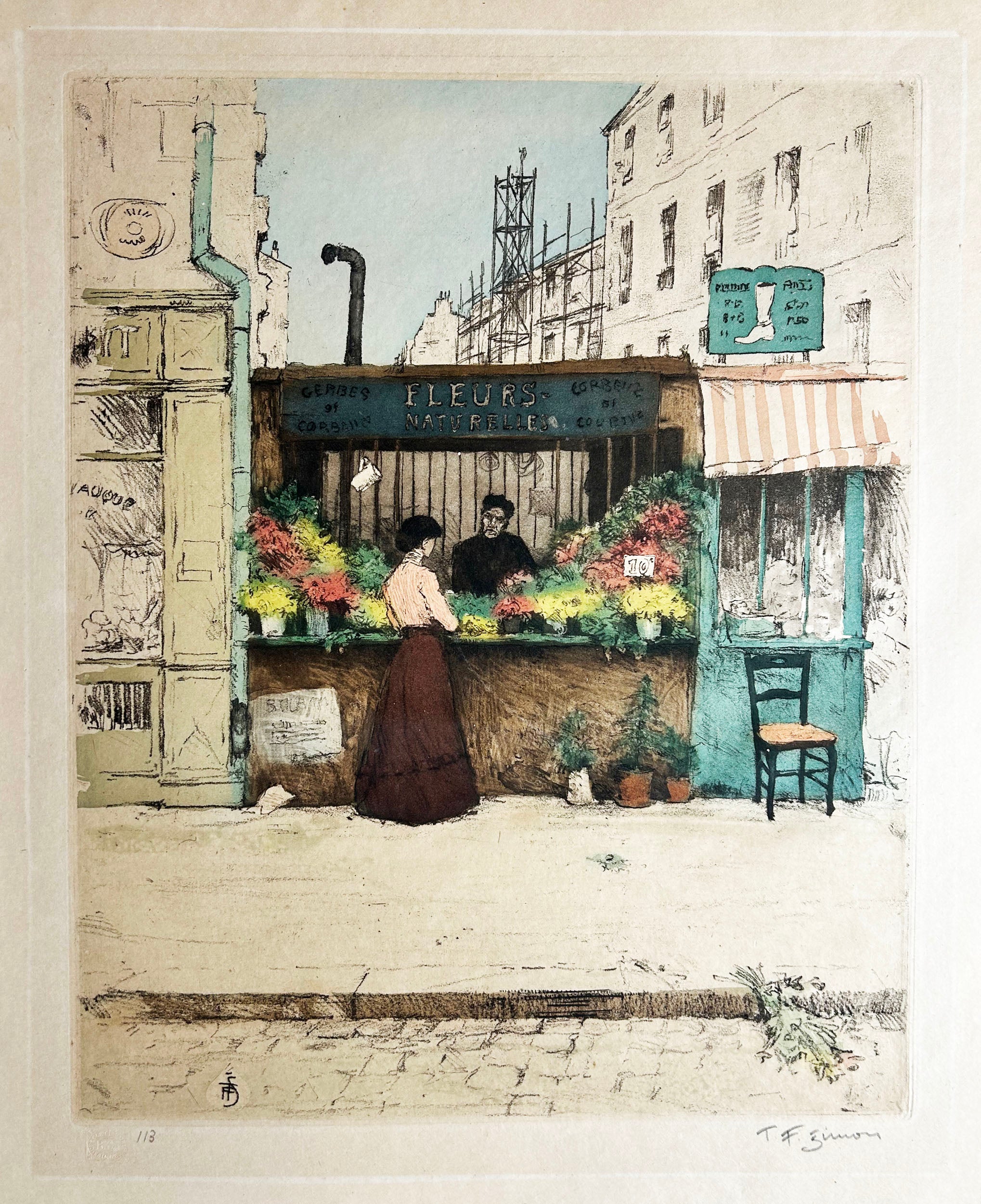 SIMON T.F. Marchande de fleurs. Gravure originale en couleurs, signée.