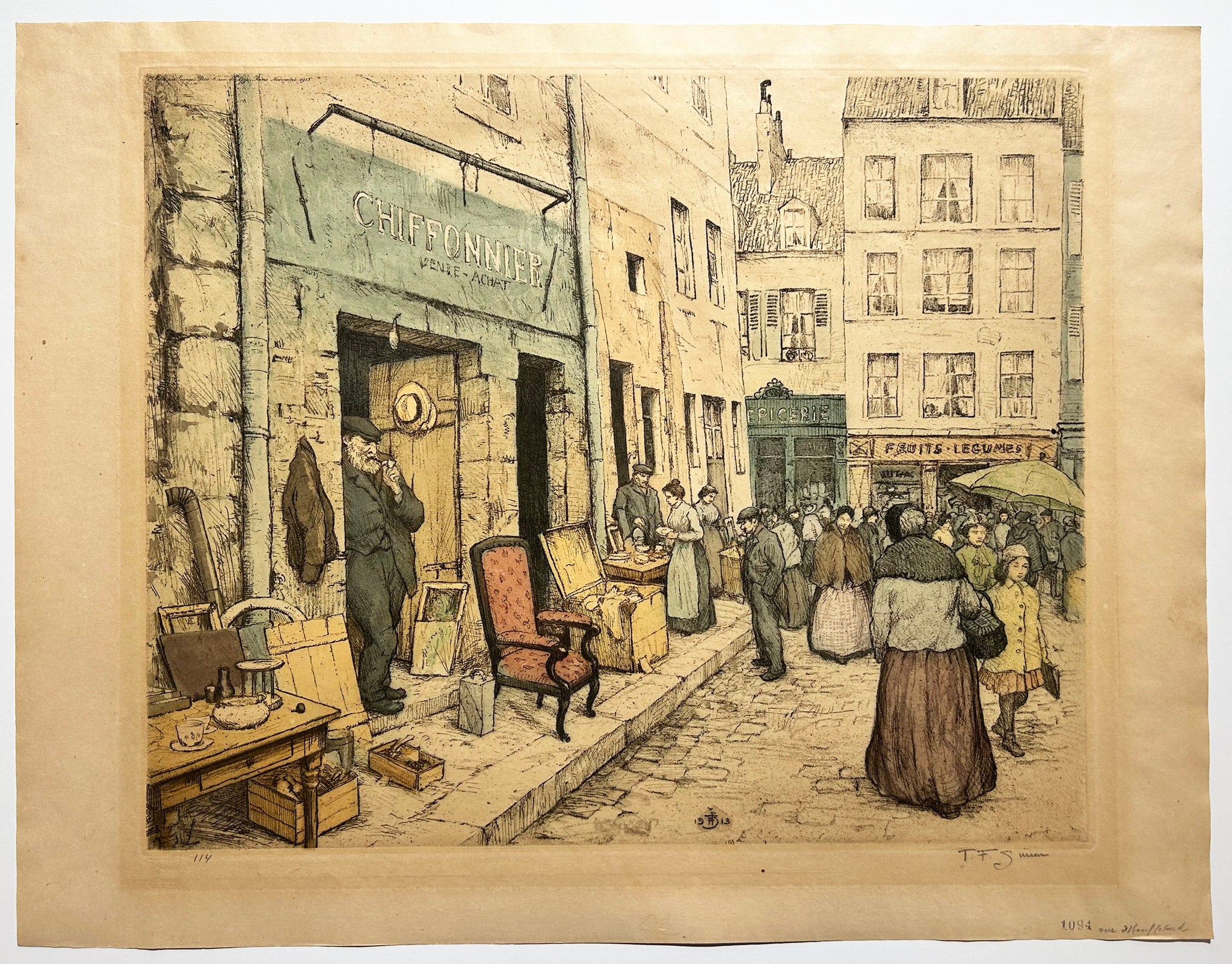 SIMON T.F. Rue Mouffetard à Paris. Gravure originale en couleurs, signée.