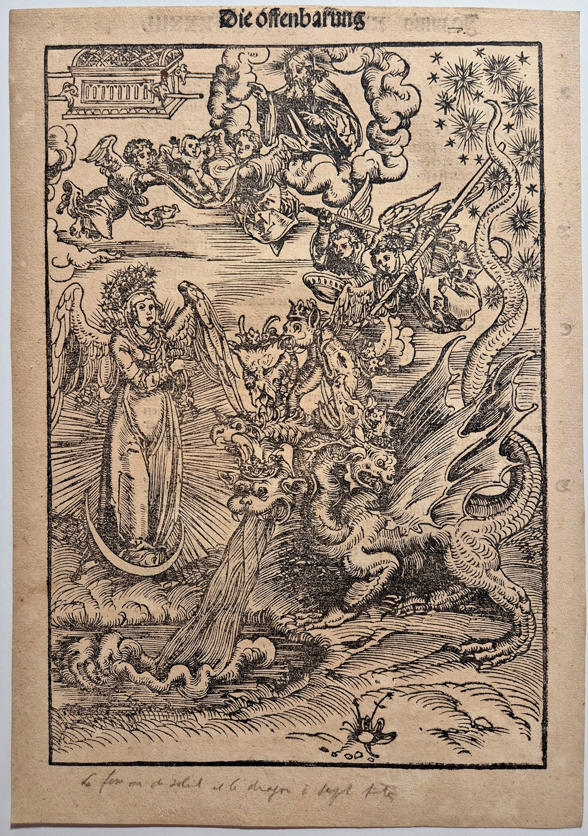 CRANACH Lucas le vieux L'Apocalypse: La femme revêtue du soleil et le dragon. Bois gravé.