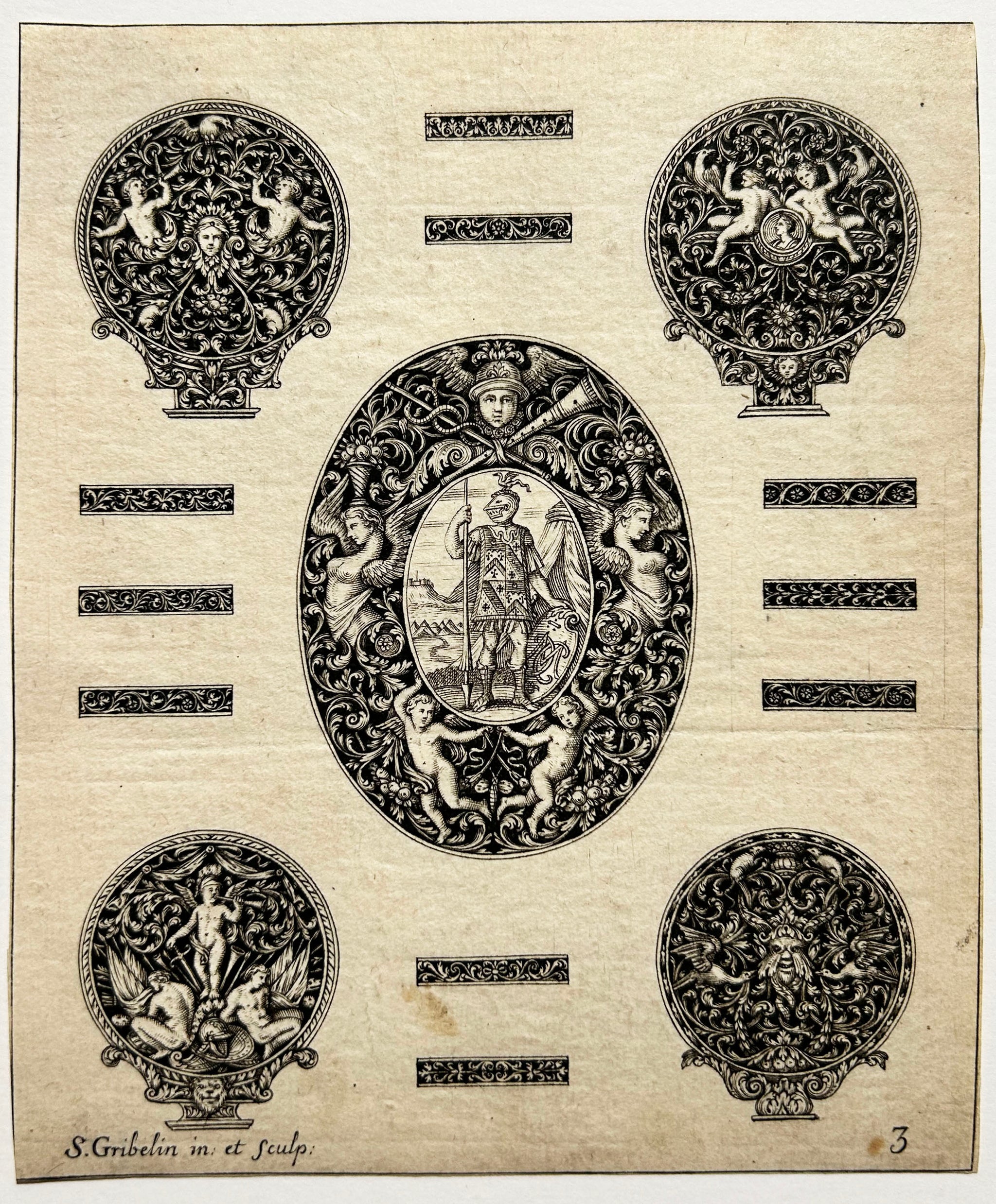Simon GRIBELIN Cinq ornements avec putii et soldat.  1697-1704. Burin.