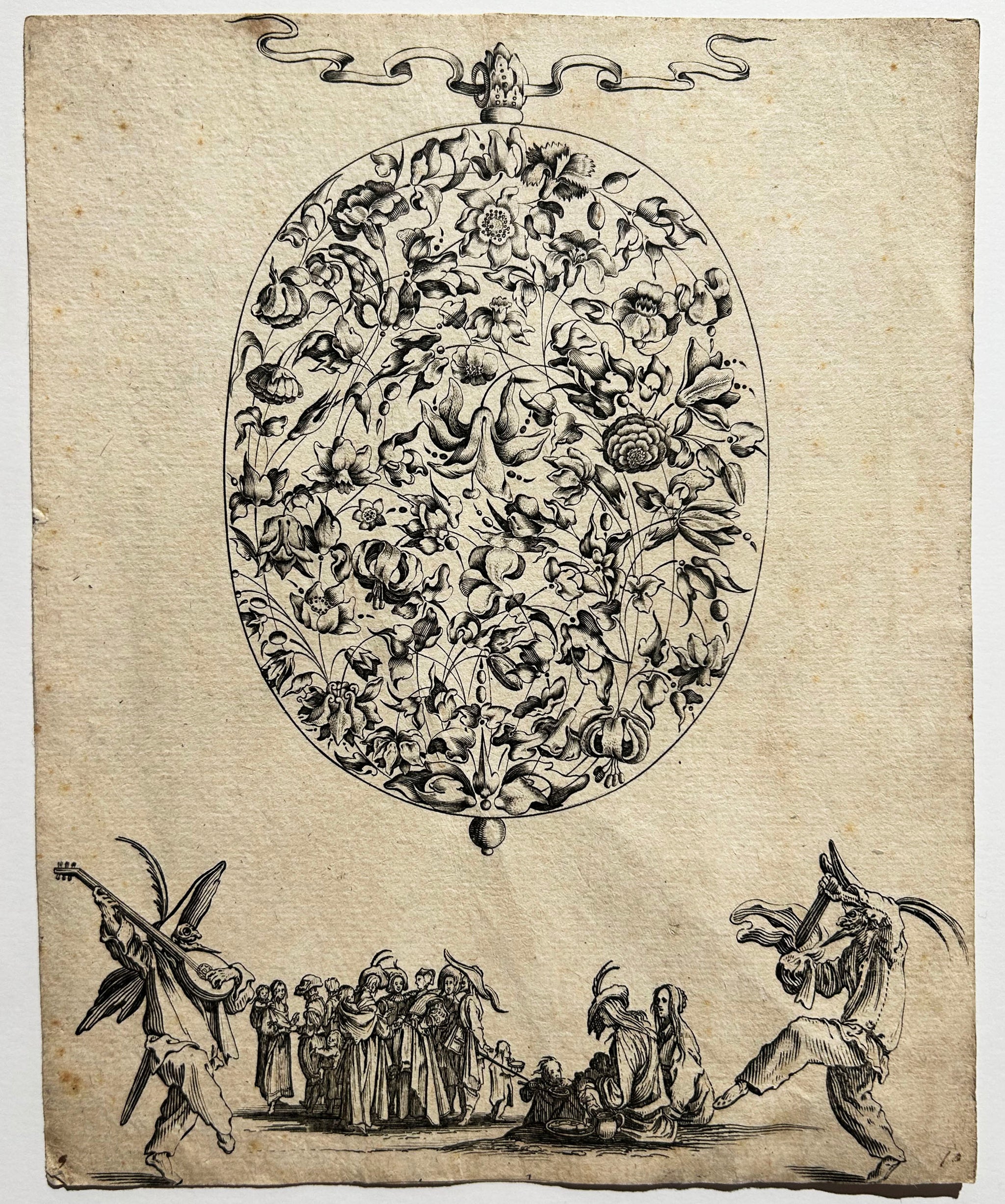 LEFEBVRE François (d'après) Bouquet de feuillages d'orfèvrerie, avec une scène de personnages. c.1635. Eau-forte.