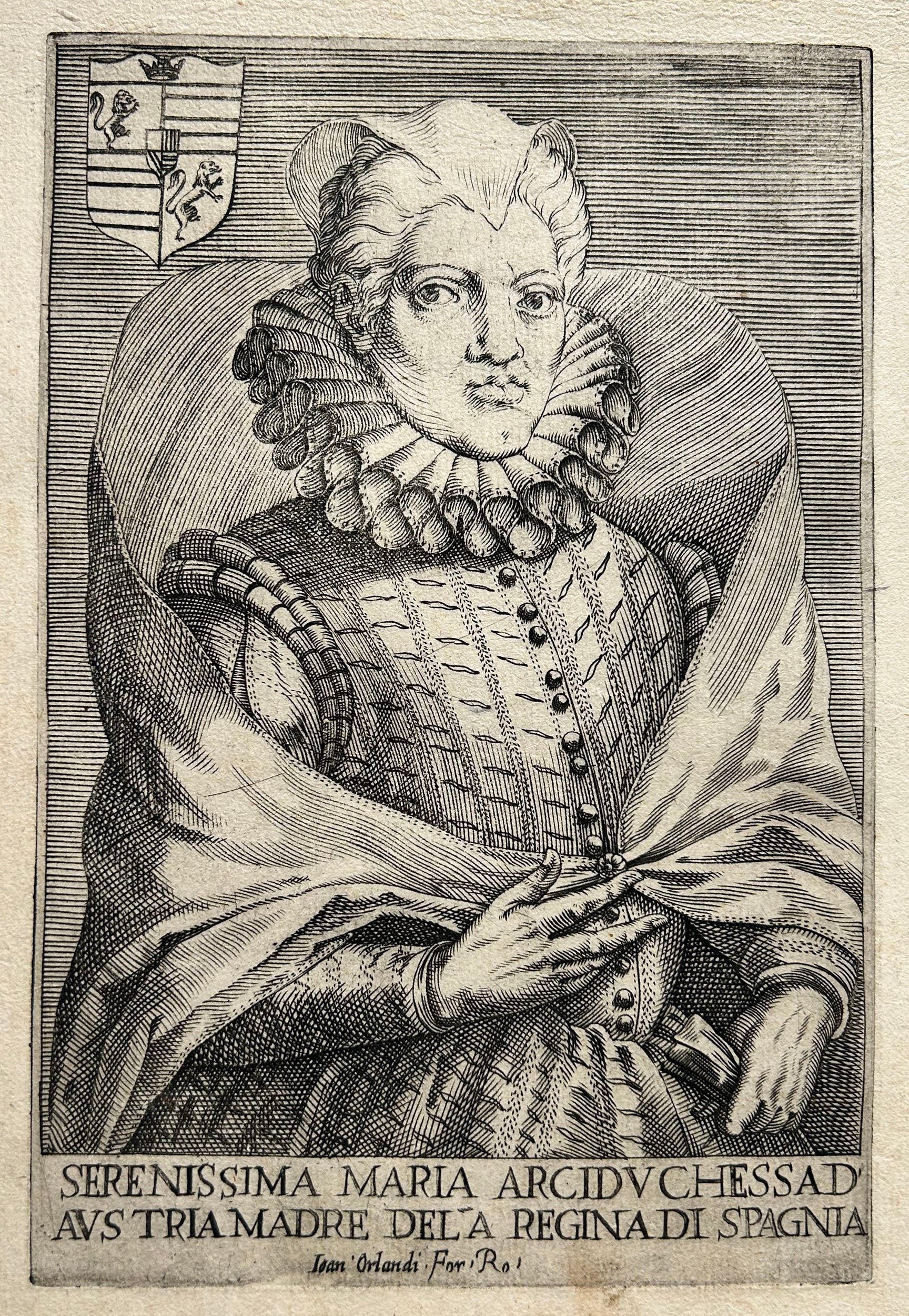 Serenissima Maria Arciduchessa D’Austria Madre del’a Regina di Spagna. Portrait de Marie Madeleine d’Autriche (1589 † 1631), épouse de Cosimo II de Médicis. v. 1609-1610. Caricature italienne du 17ème.