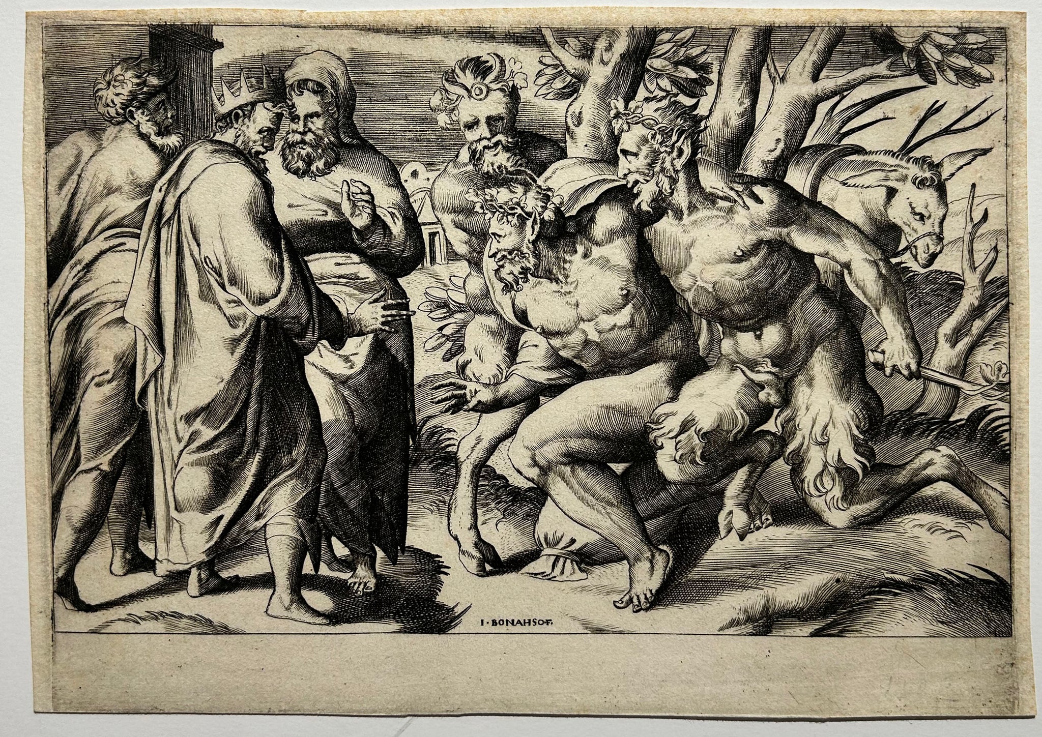 Giulio BONASONE Deux satyres accompagnant Silène au roi Midas. c.1547. Burin.