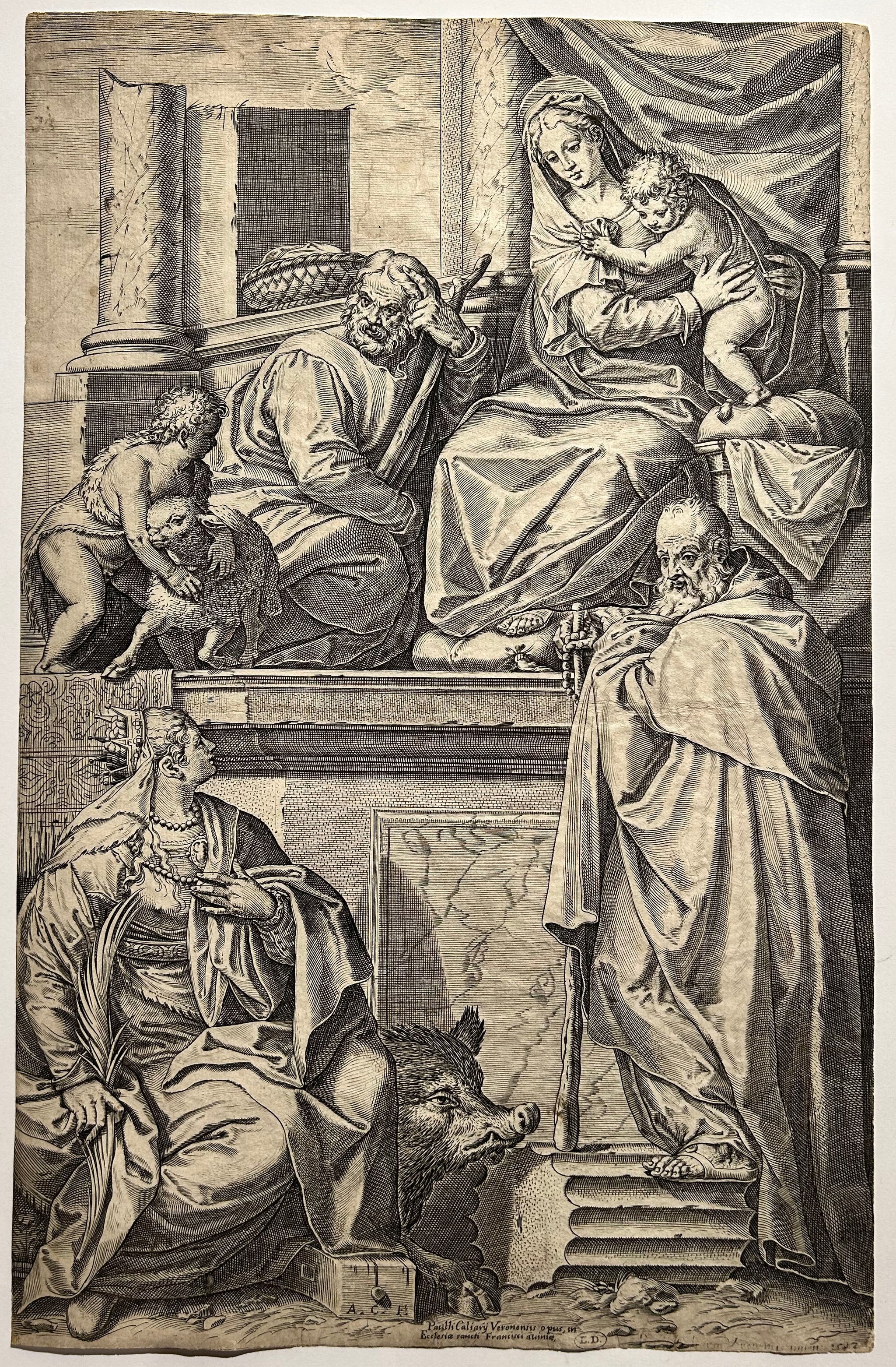 Agostino CARRACCI La Sainte Famille avec Saint Jean-Baptiste, Sainte Catherine et Saint Antoine.  1582. Burin d'après Véronèse.