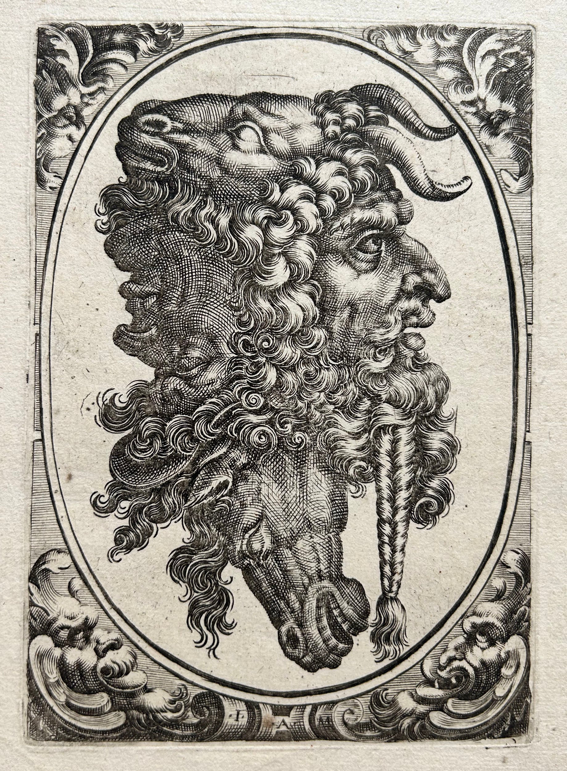 MAGLIOLI Giovanni Andrea (d'après) Tête grotesque. Têtes de bouc, cheval, satyre et homme. 1590-1660. Burin.