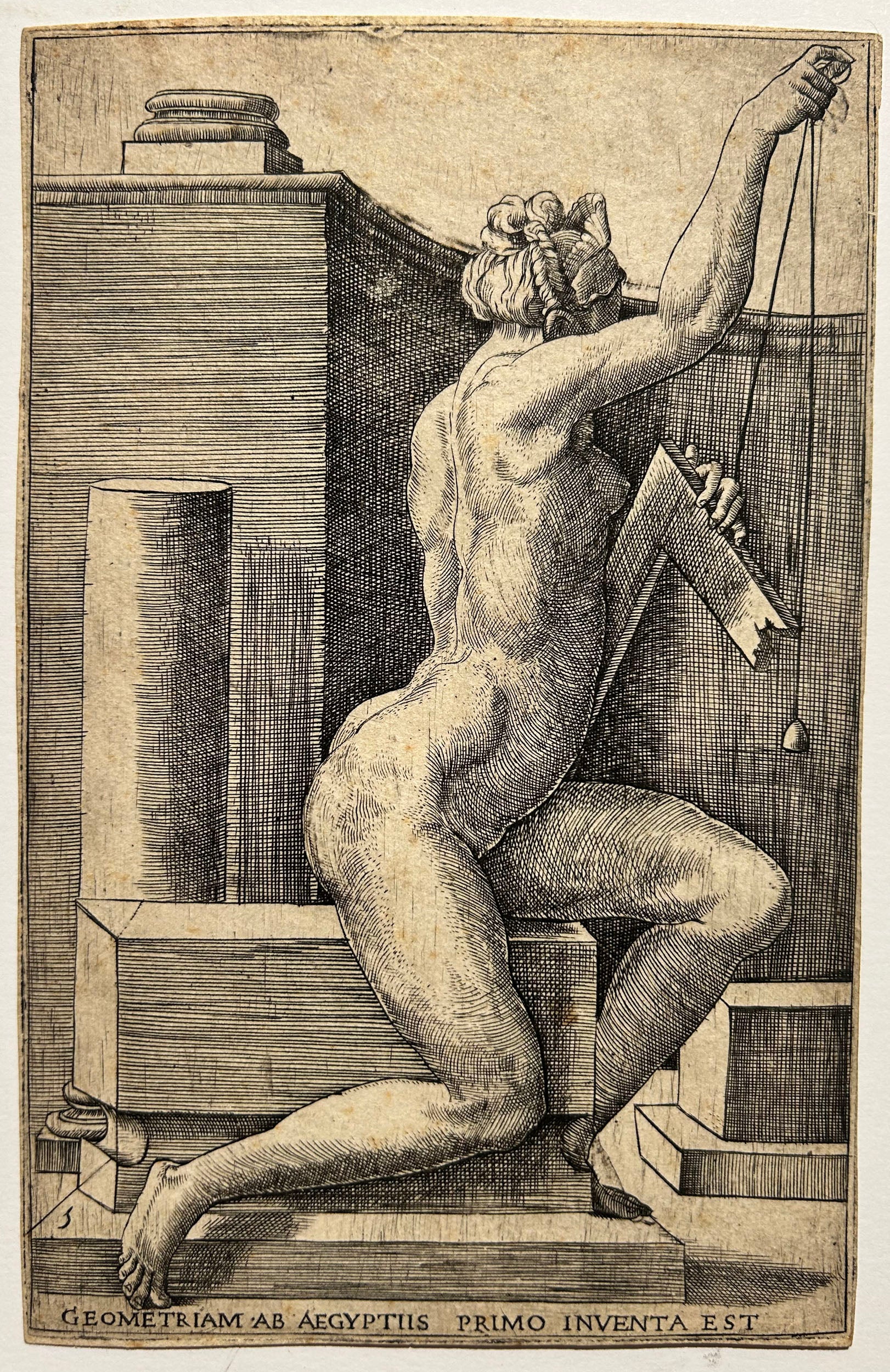 Géométrie. Un nu féminin tenant une équerre et un plomb. c.1544.