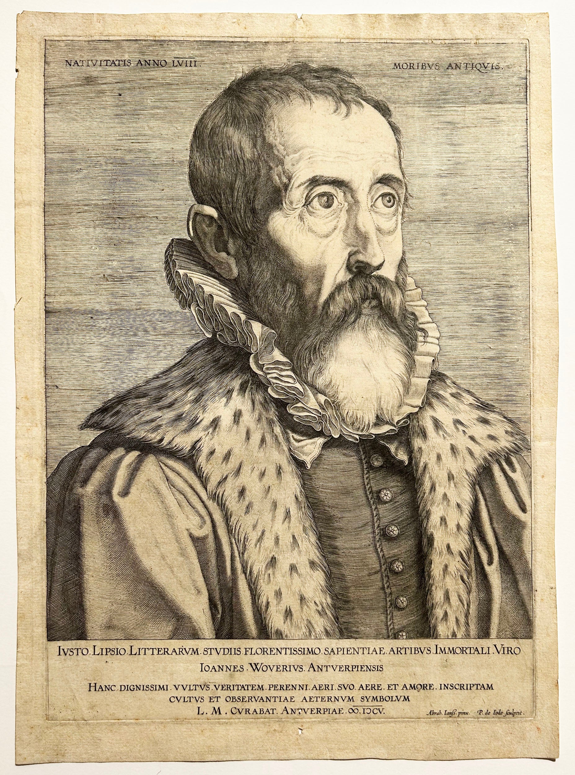 Peter de JODE I. Portrait de Justus Lipsius (Juste Lipse, 1547 † 1606), fondateur du néo-stoïcisme. Gravure.