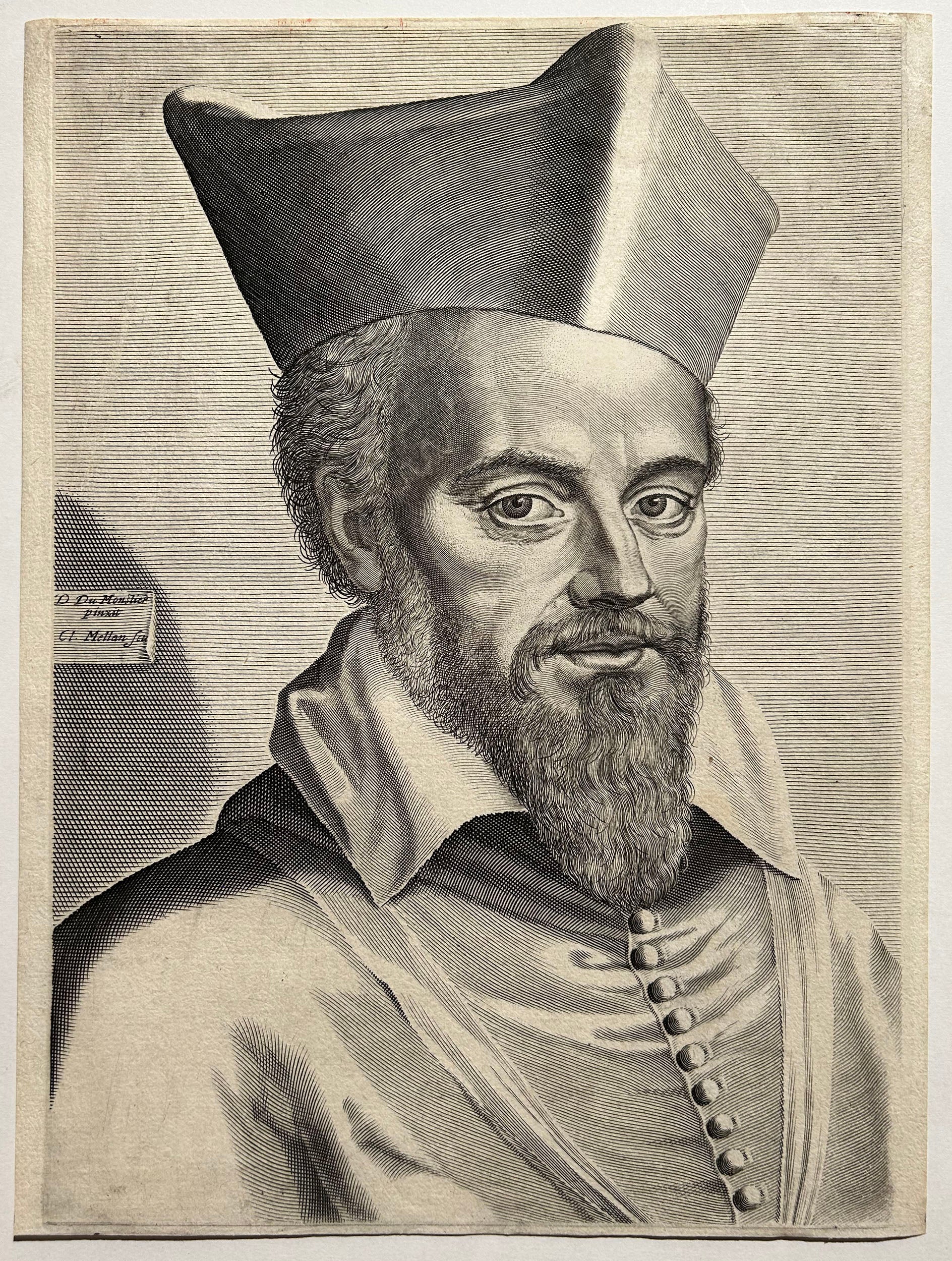 Claude MELLAN. Portrait de Nicolas Coeffeteau (1574 † 1623) en buste coiffé d'une barrette, prédicateur et théologien français, également homme de lettres, historien et traducteur.  1623. Gravure.