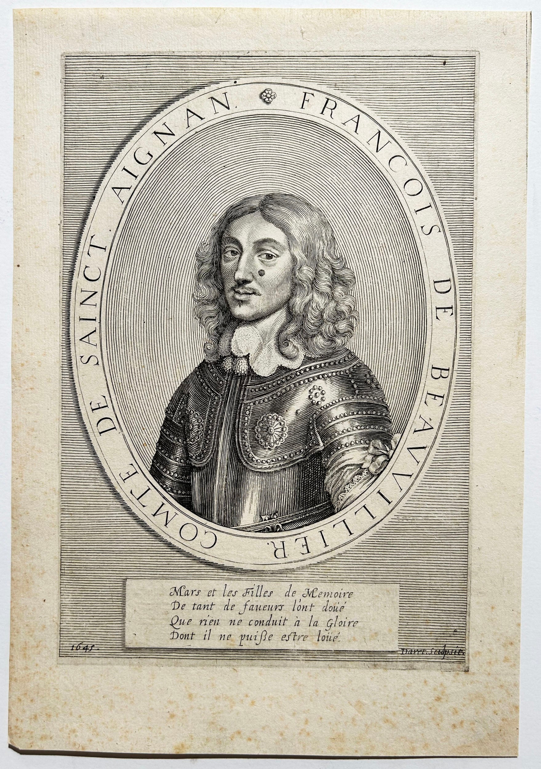 Pierre DARET . Portrait de François de Beauvillier, comte de Sainct-Aignan (1607 † 1687).  1645. Gravure.