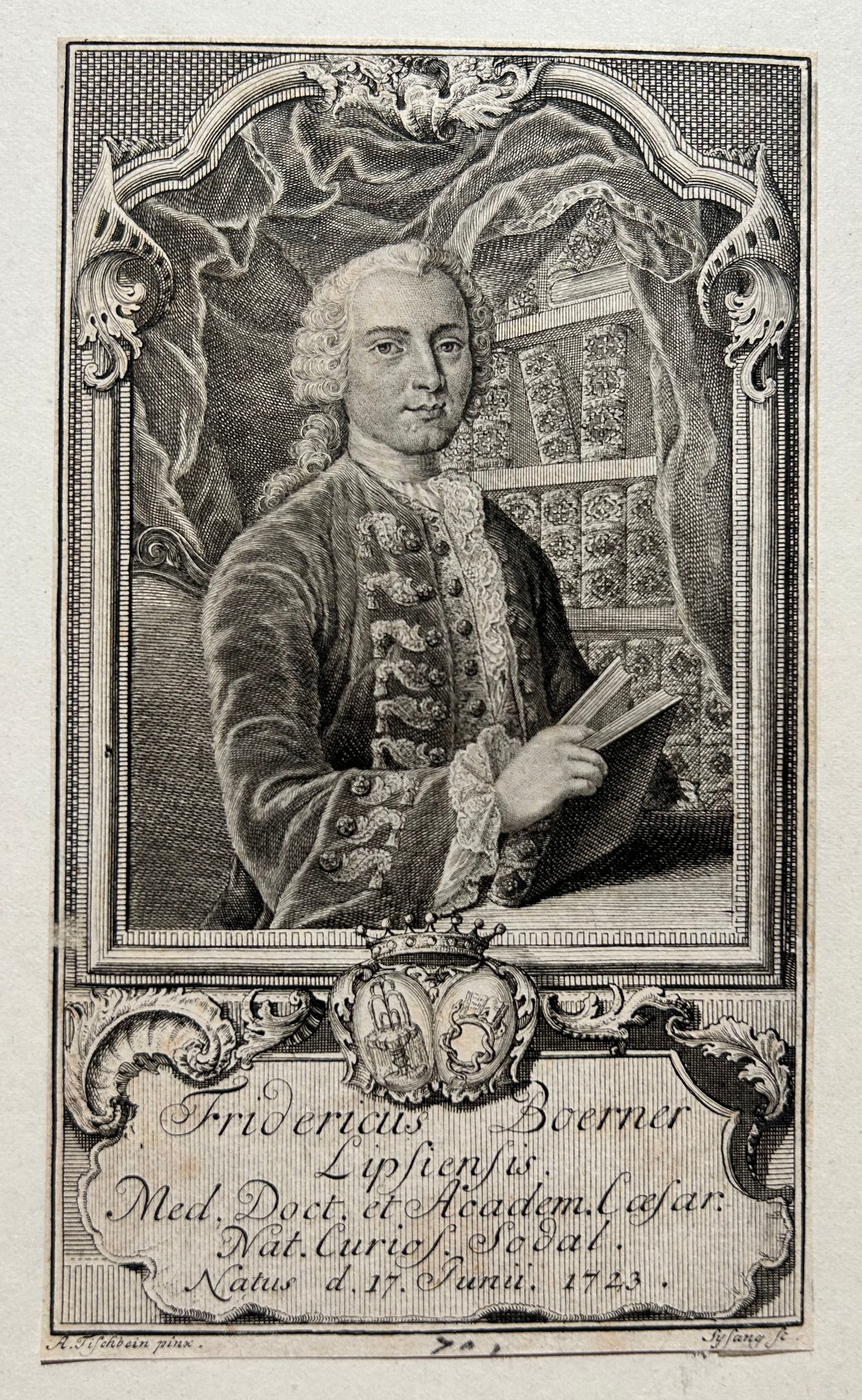 SYSANG Johann Christoph Portrait de Friedrich Boerner (1723 † 1761, médecin allemand).  Gravure.