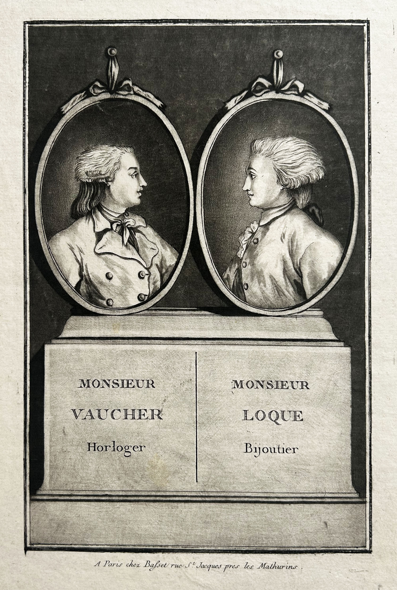 Double portrait de Monsieur Vaucher (Horloger) & de Monsieur Loque (Bijoutier).  c.1787-1789. Gravure.
