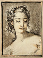 Charger l'image dans la galerie, D'après François BOUCHER - Tête de femme, de face, cheveux relevés, un fil de perles tombant derrière l'oreille. Gravure à la manière du crayon par Gilles Demarteau l'aîné.