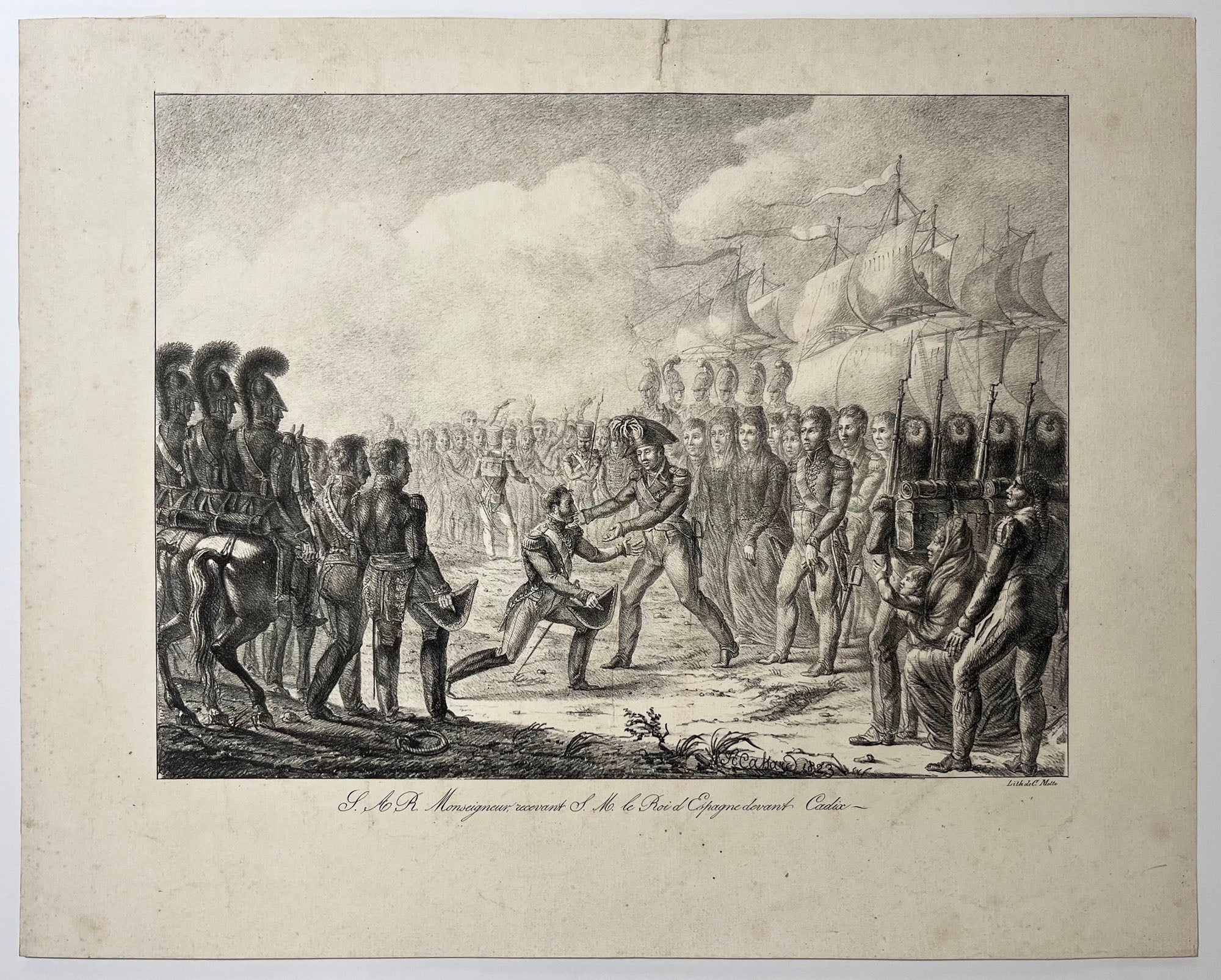 S.A.R. Monseigneur recevant S.M. le Roi d'Espagne devant Cadix. 1823.