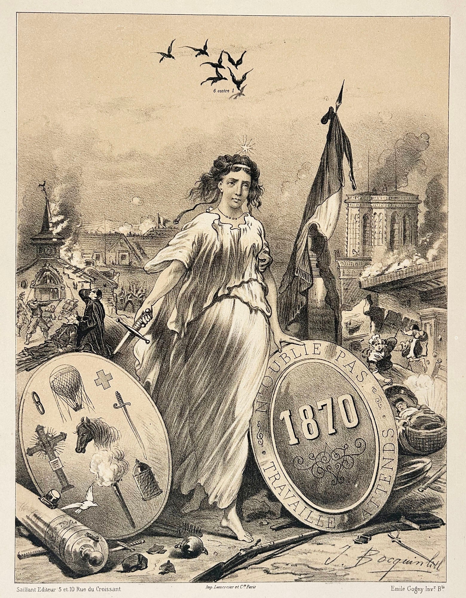 Le ballon. Emblêmes patriotiques. J'ai été exilé de Paris et c'est lui qui m'a apporté des nouvelles de la Capitale. 1870.