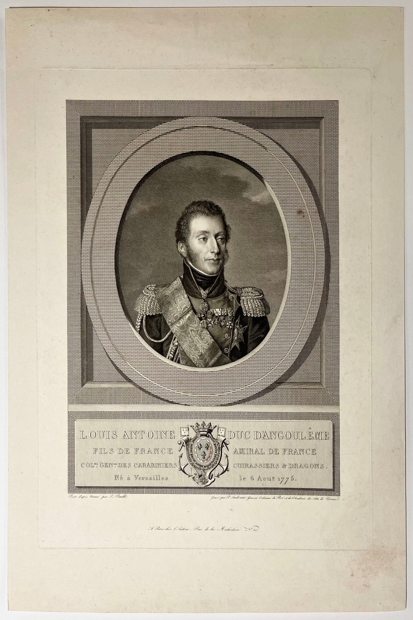 Portrait de Louis Antoine Duc d'Angoulême, Fils de France, Amiral de France, Colonel néral des carabiniers, cuirassiers & dragons (Versaille 1775 † Comté de Gorizia et Gradisca, Italie 1844). c.1819.