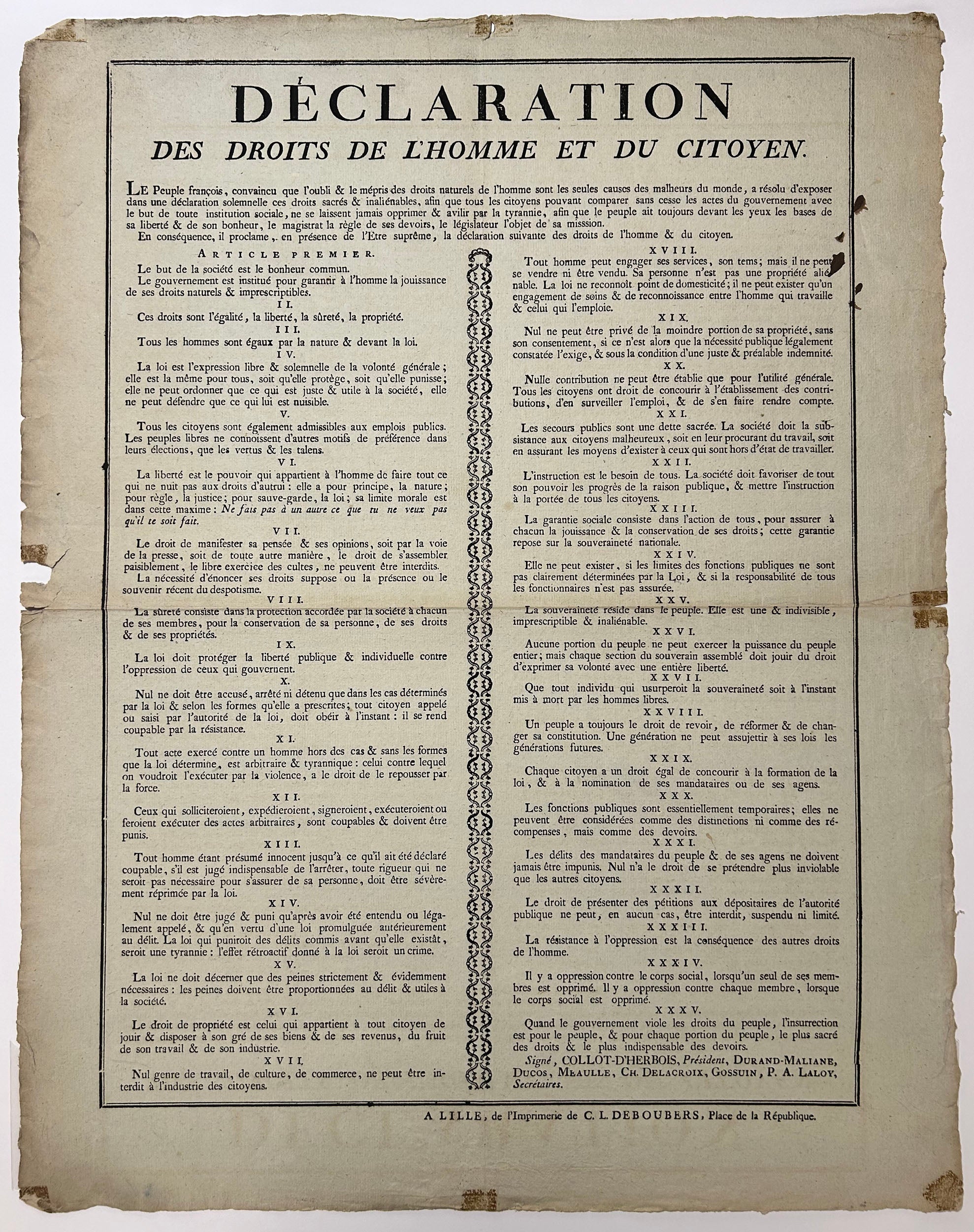 Déclaration des Droits de l'Homme et du Citoyen. c.1790.