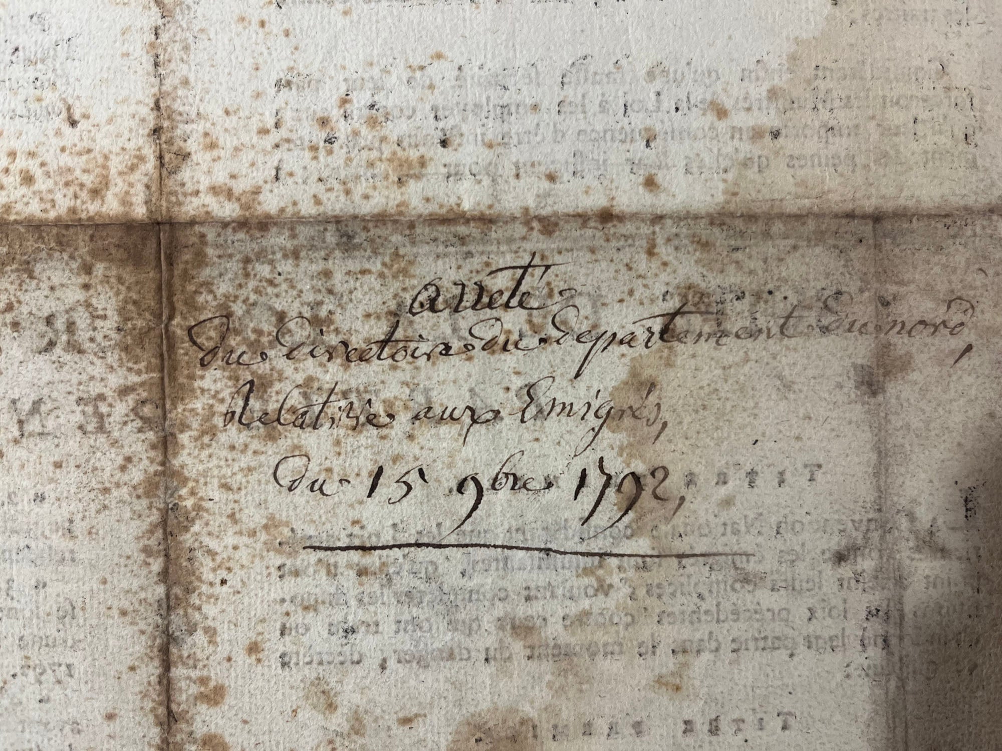 Arrêté du Directoire du Département du Nord, du 15 novembre 1792. Suite de la loi sur les émigrés (partie pénale).  1792.