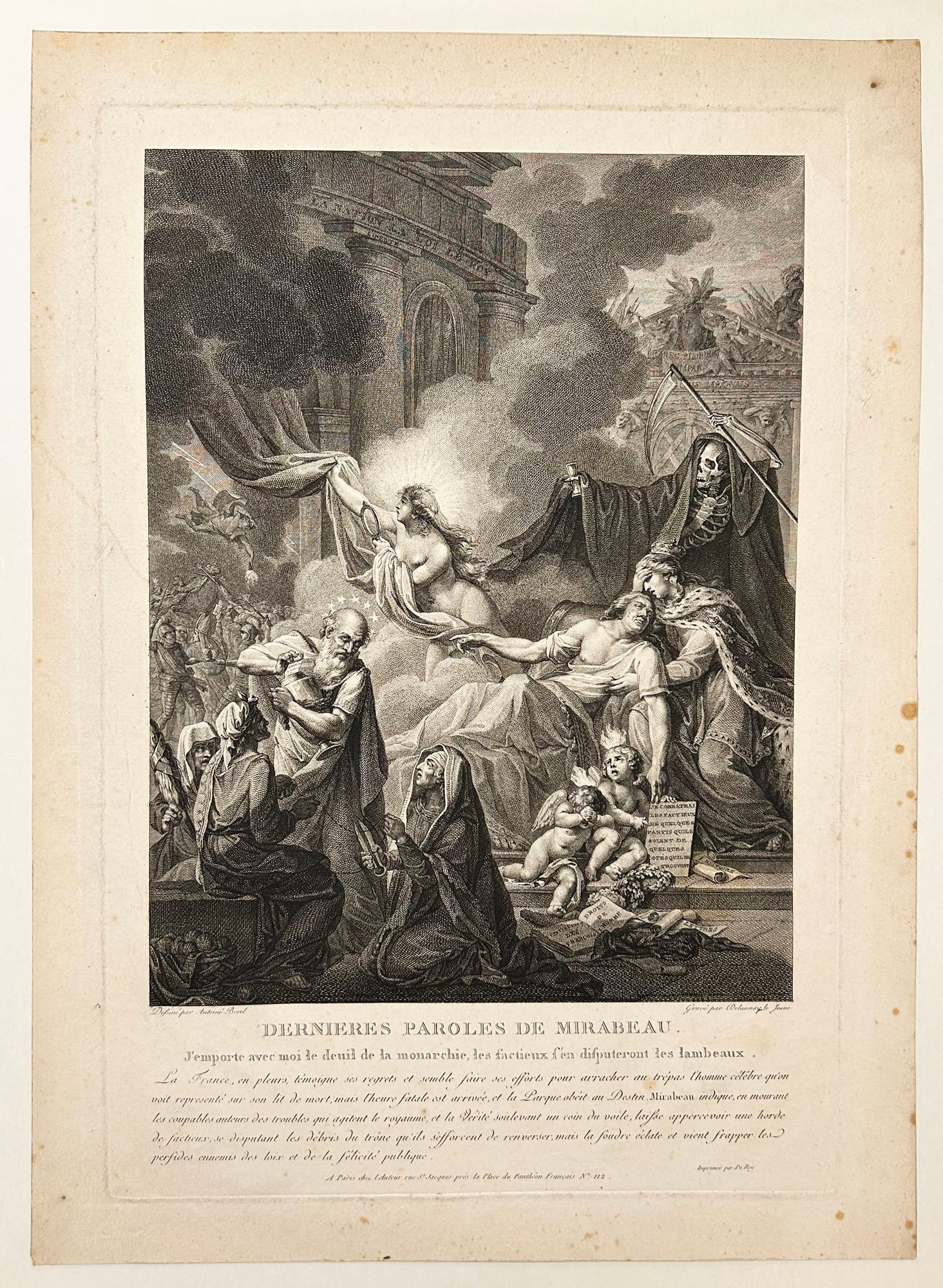 Dernières paroles de Mirabeau. J'emporte avec moi le deuil de la monarchie, les factieux s'en disputeront les lambeaux.  1792.