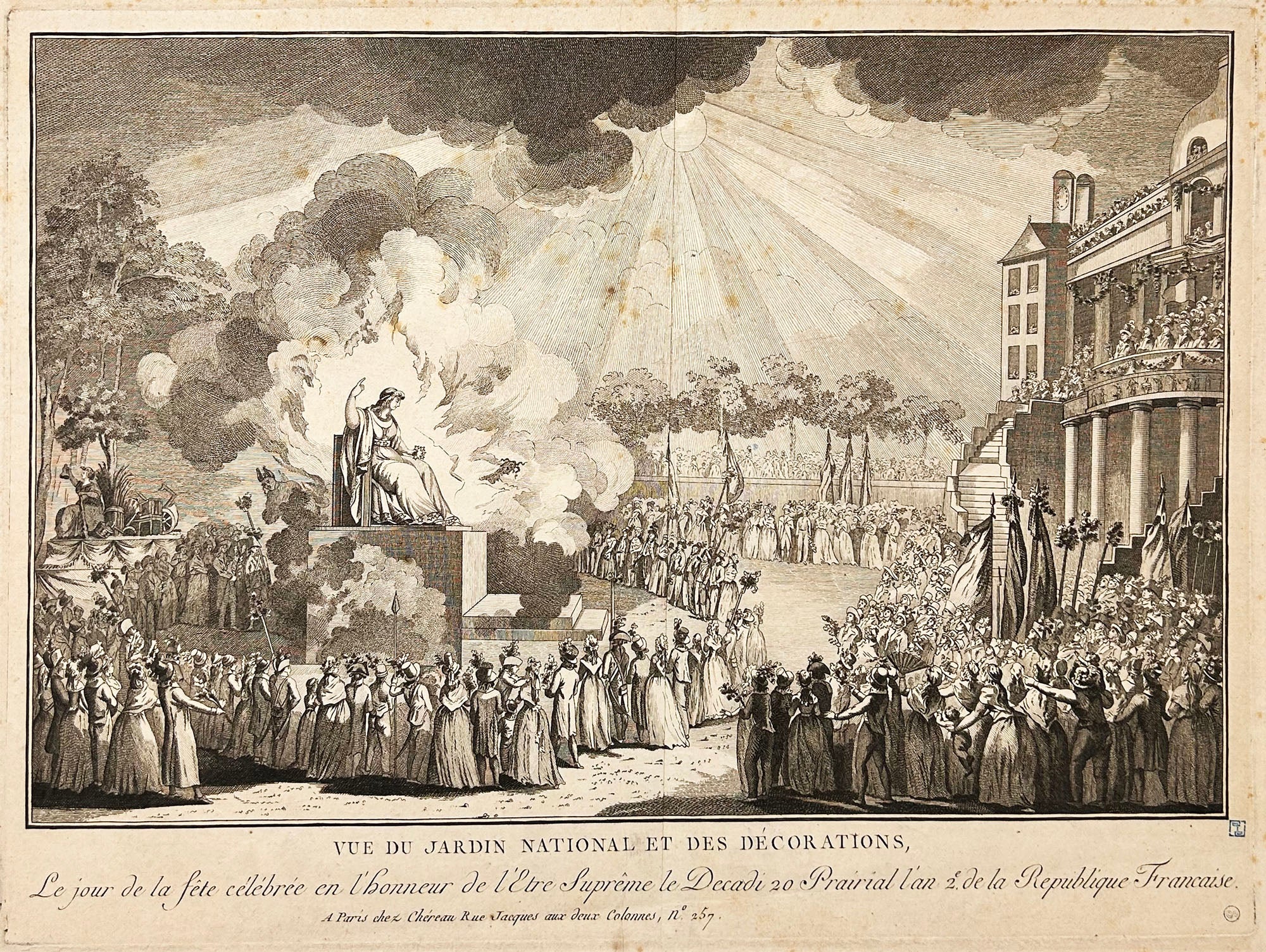 Vue du Jardin National et des Décorations, le jour de la fête célébrée en l'honneur de l'Etre Suprême le Decadi 20 Prairial l'an 2è de la République française (le 8 juin 1794). c.1794.