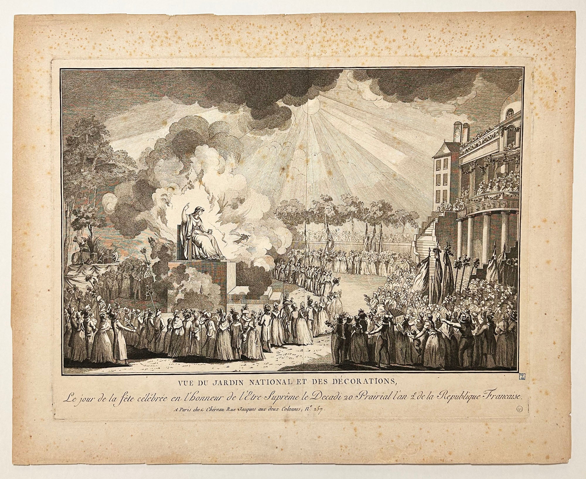 Vue du Jardin National et des Décorations, le jour de la fête célébrée en l'honneur de l'Etre Suprême le Decadi 20 Prairial l'an 2è de la République française (le 8 juin 1794). c.1794.