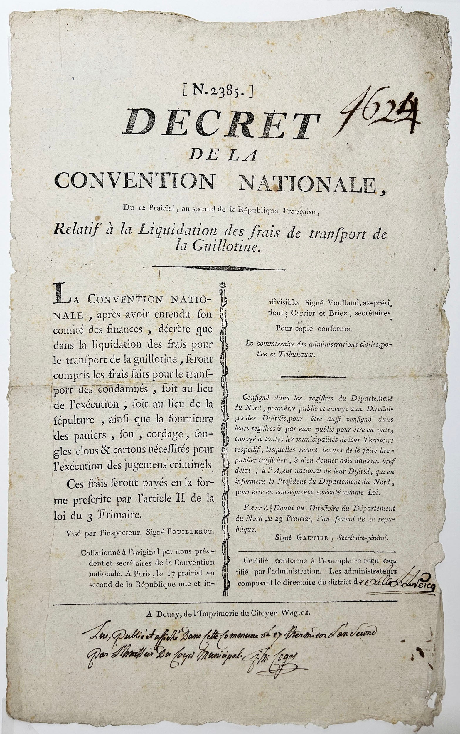 Décret de la Convention Nationale, du 12 Prairial, an second de la République française (2 juin 1794), relatif à la Liquidation des frais de transport de la Guillotine.  1794.