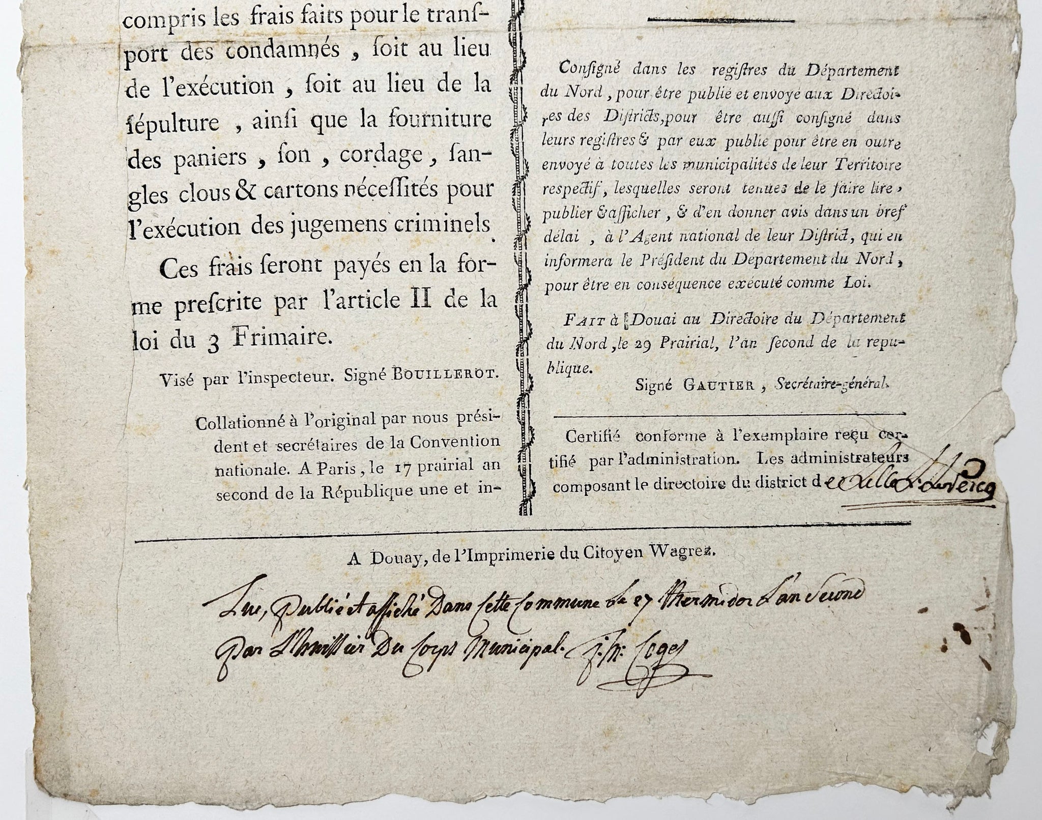 Décret de la Convention Nationale, du 12 Prairial, an second de la République française (2 juin 1794), relatif à la Liquidation des frais de transport de la Guillotine.  1794.