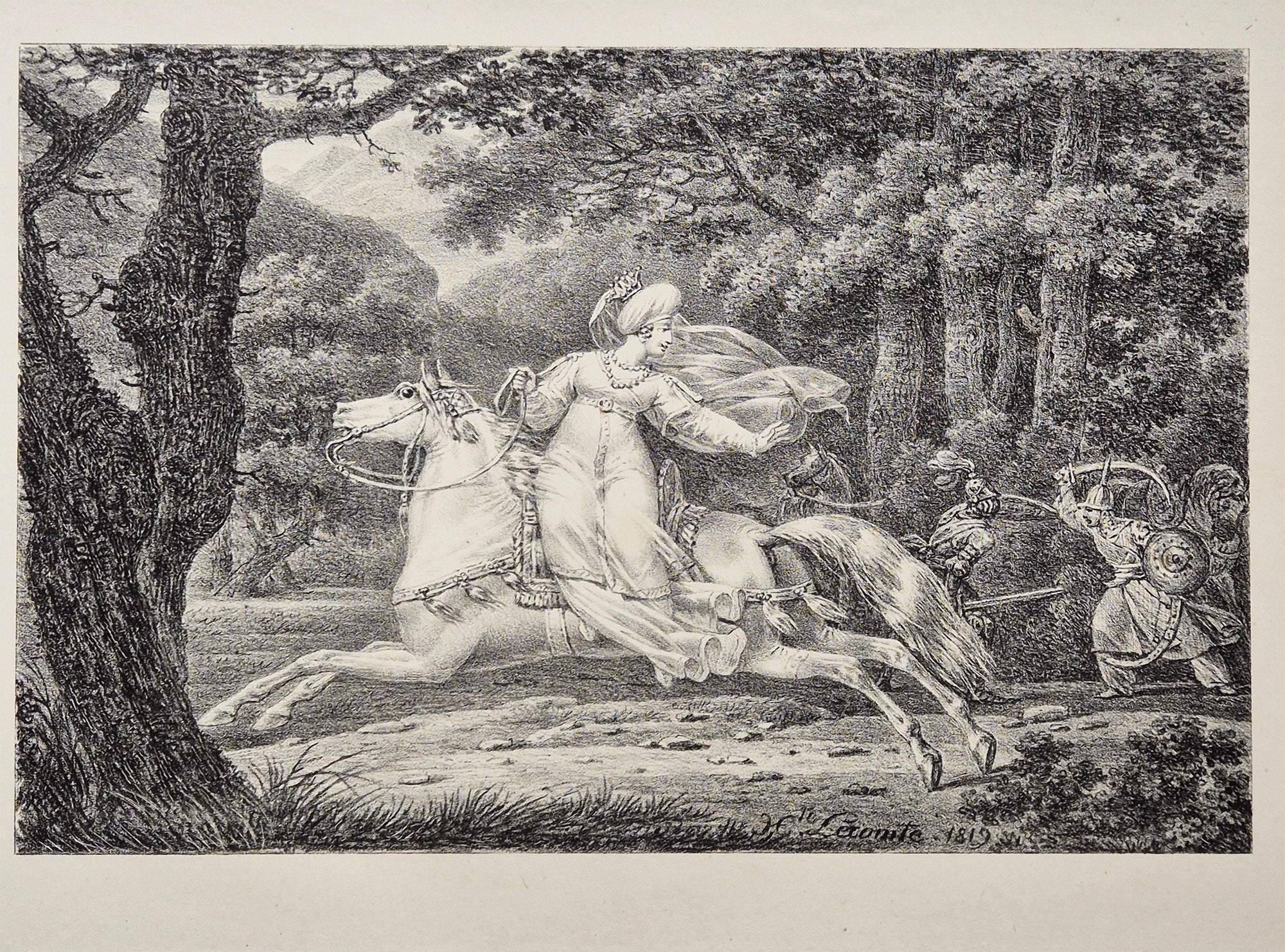 Angélique devenue invisible échappe à Renaud et Sacripant. 1819.