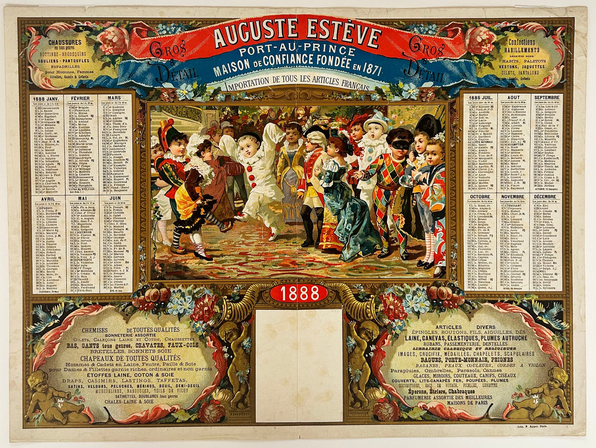 Calendrier publicitaire de 1888 pour Auguste Estève, Maison de confiance fondée en 1871 à Port-au-Prince (Haïti) (Importation de tous les articles français).