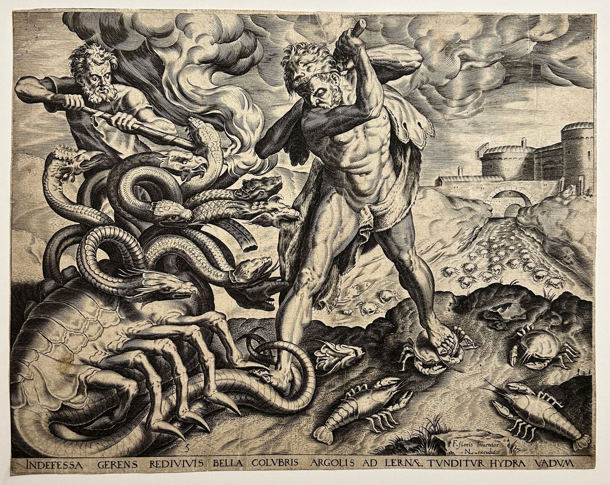 Cornelis CORT - Hercule combattant l'Hydre de Lerne. 1563. Burin d'après Frans Floris.