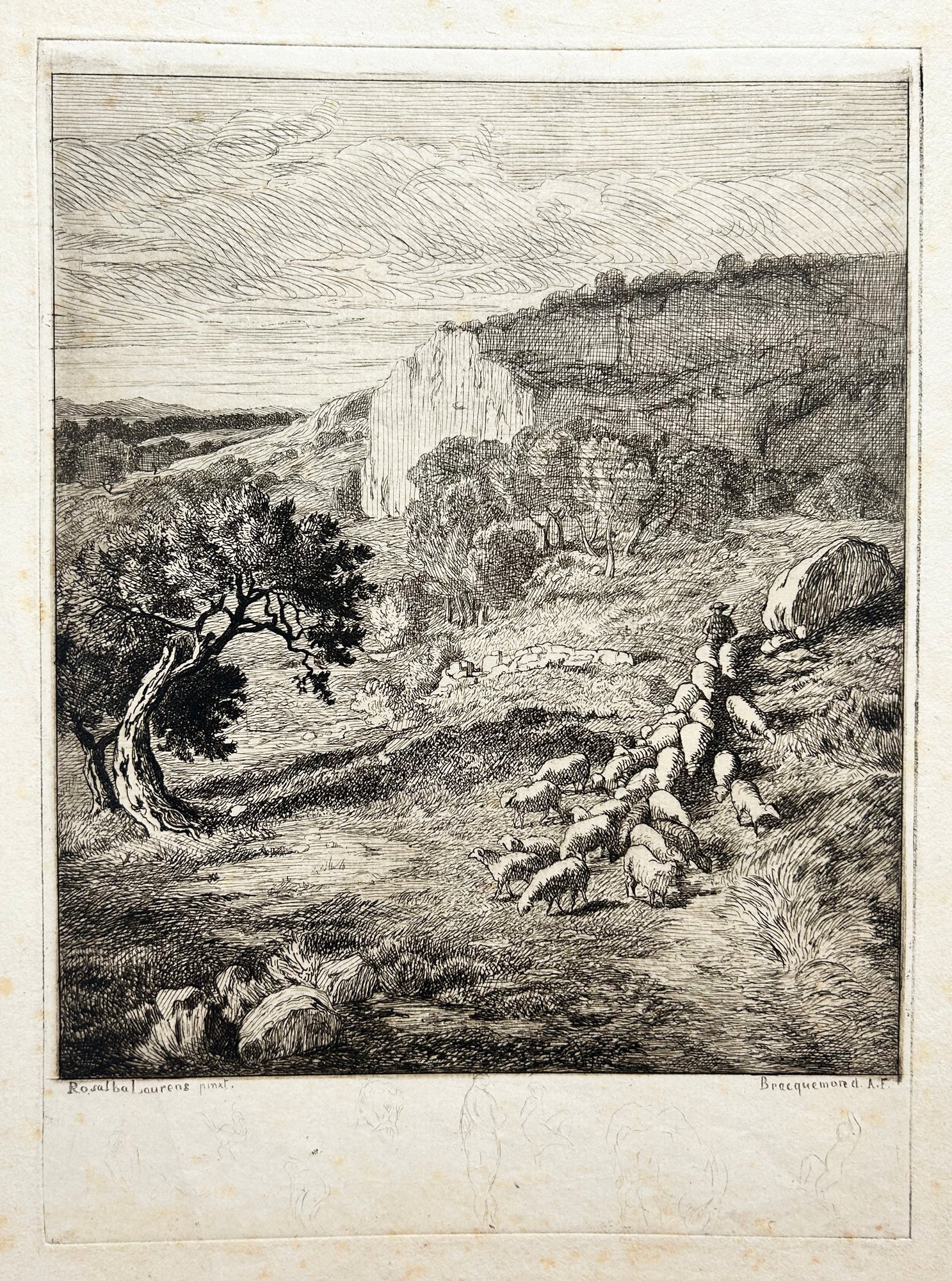 Félix BRACQUEMOND - Paysage avec un troupeau de moutons. Eau-forte originale.