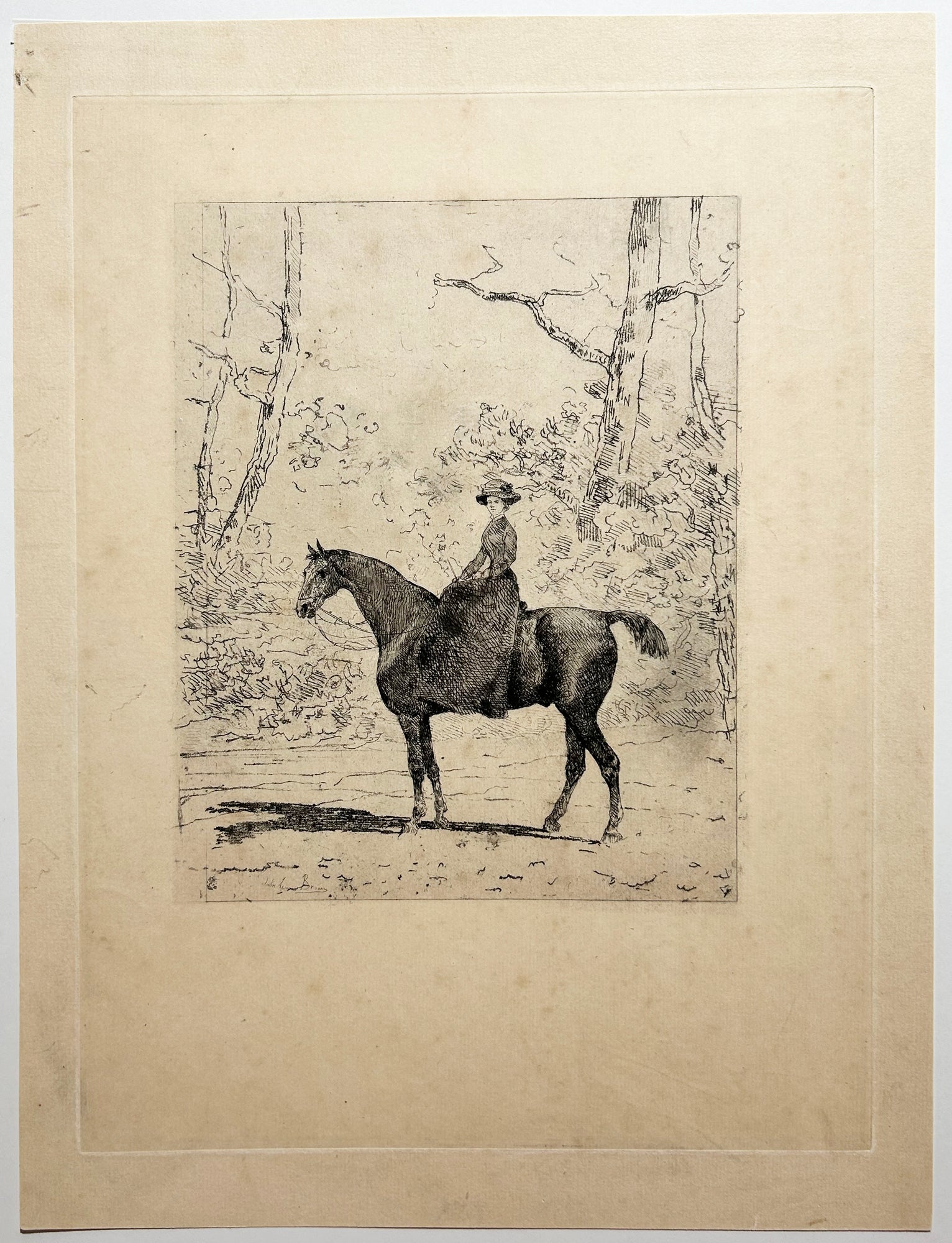 John Lewis BROWN - Cavalière en amazone dans une clairière. 1878. Gravure.