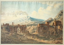 Charger l'image dans la galerie, Louis-François CASSAS - Prosçoenium ou avant-scène du Théâtre de Taorminium en Sicile : Le Mont Etna occupe le fond du Tableau. c.1801. Aquarelle originale sur trait gravé.
