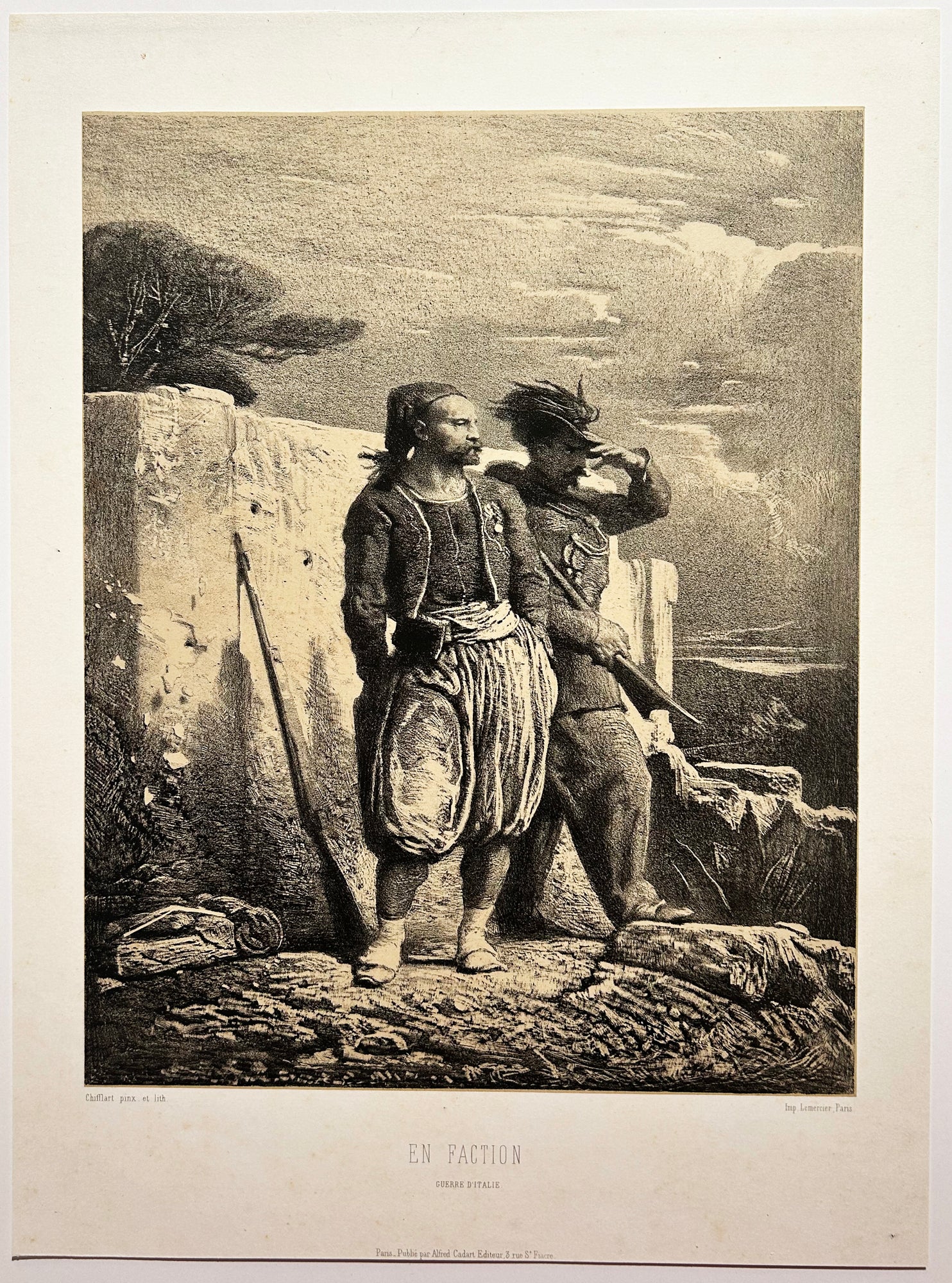 François CHIFFLART - En faction (Guerre d'Italie). c.1855. Lithographie originale.