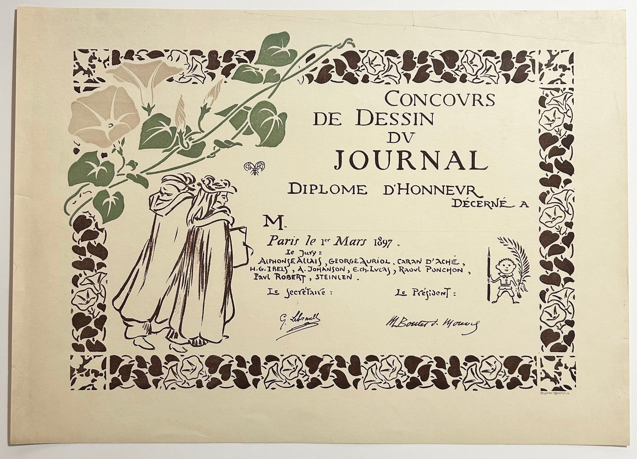 Diplôme d'honneur: Concours de dessin du Journal. 1897.