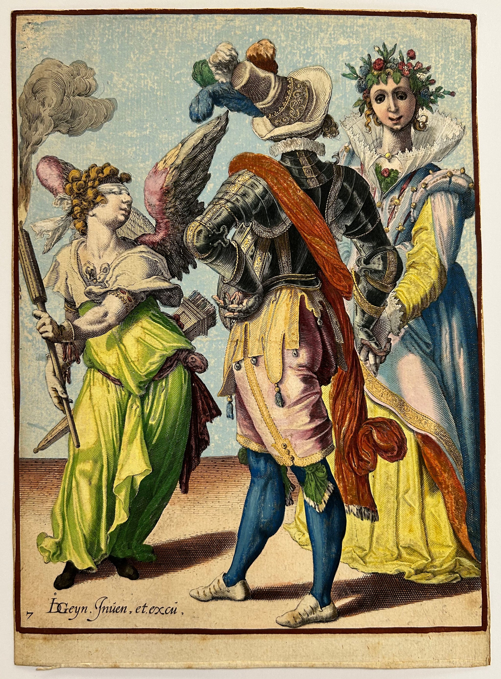 Un Cupidon aux yeux bandés, tenant une torche, se tient devant un couple déguisé. c.1595-1596.