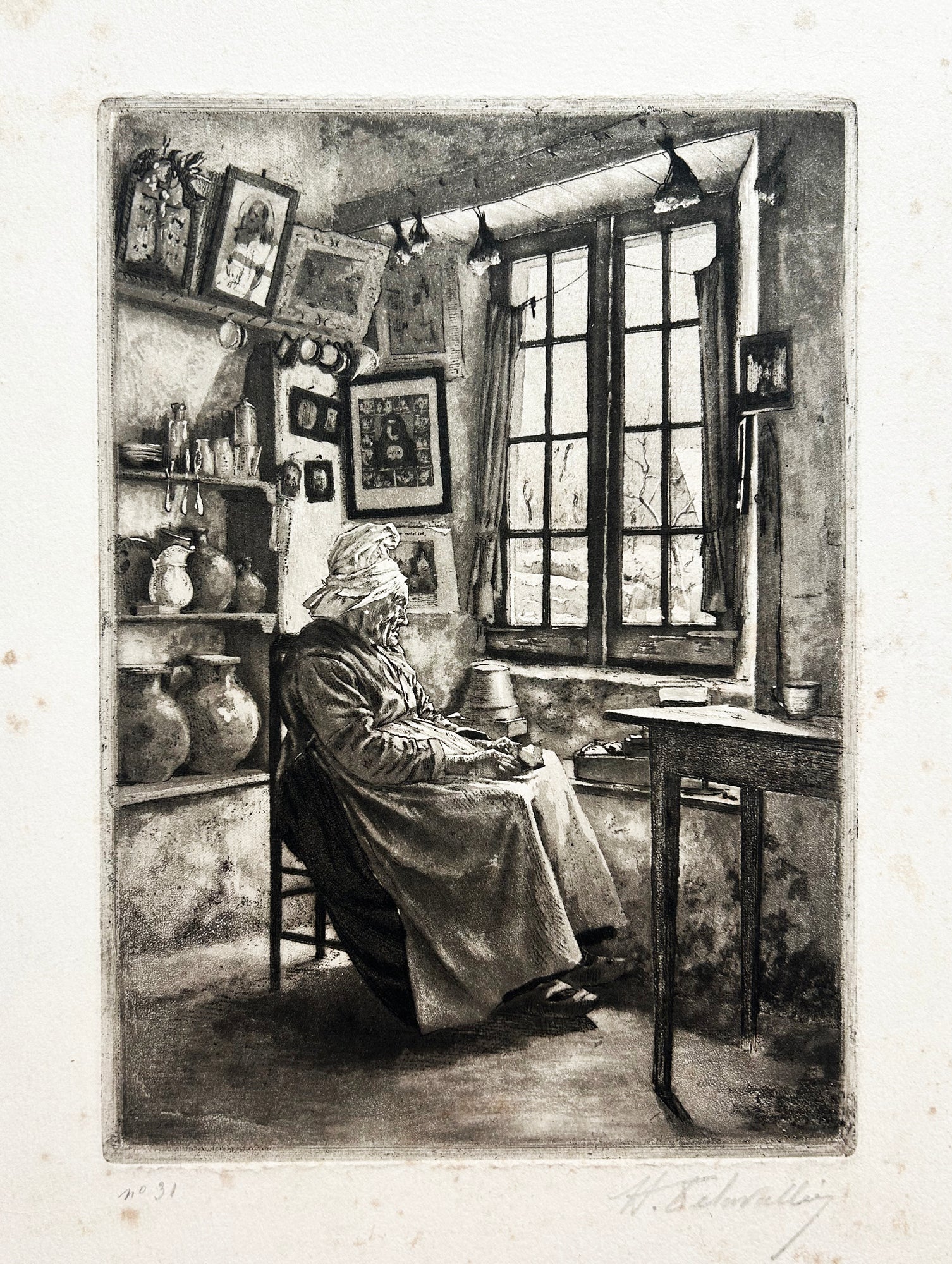 Jules Henri DELAVALLEE - Angélique à la fenêtre. 1890. Gravure originale.