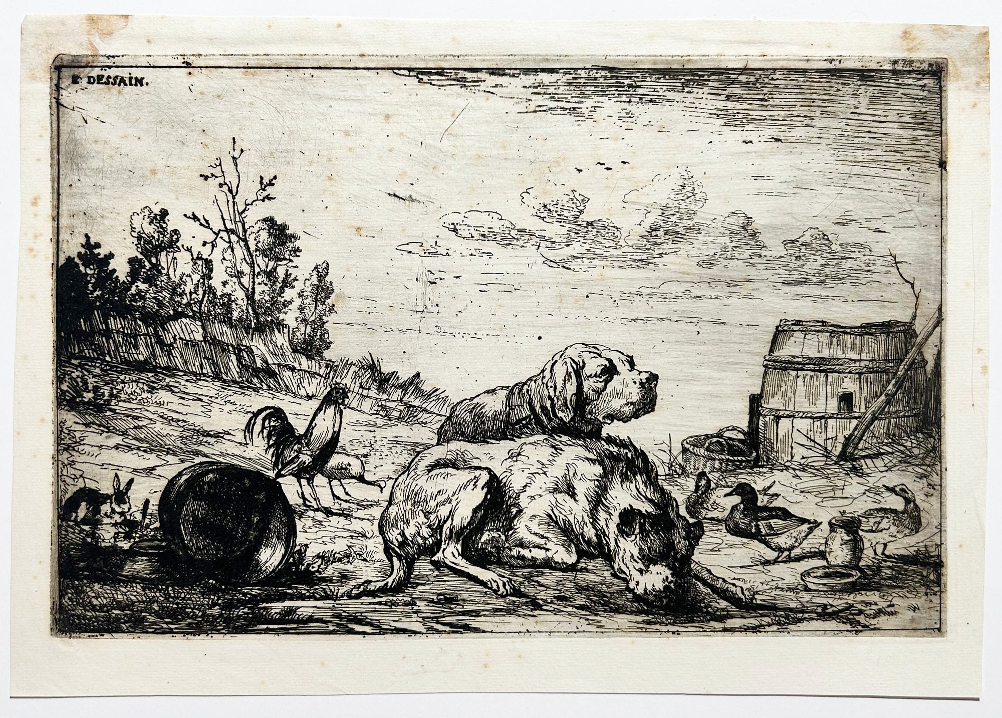 DESSAIN Emile François - Deux chiens, un lapin et de la volaille. Eau-forte originale.