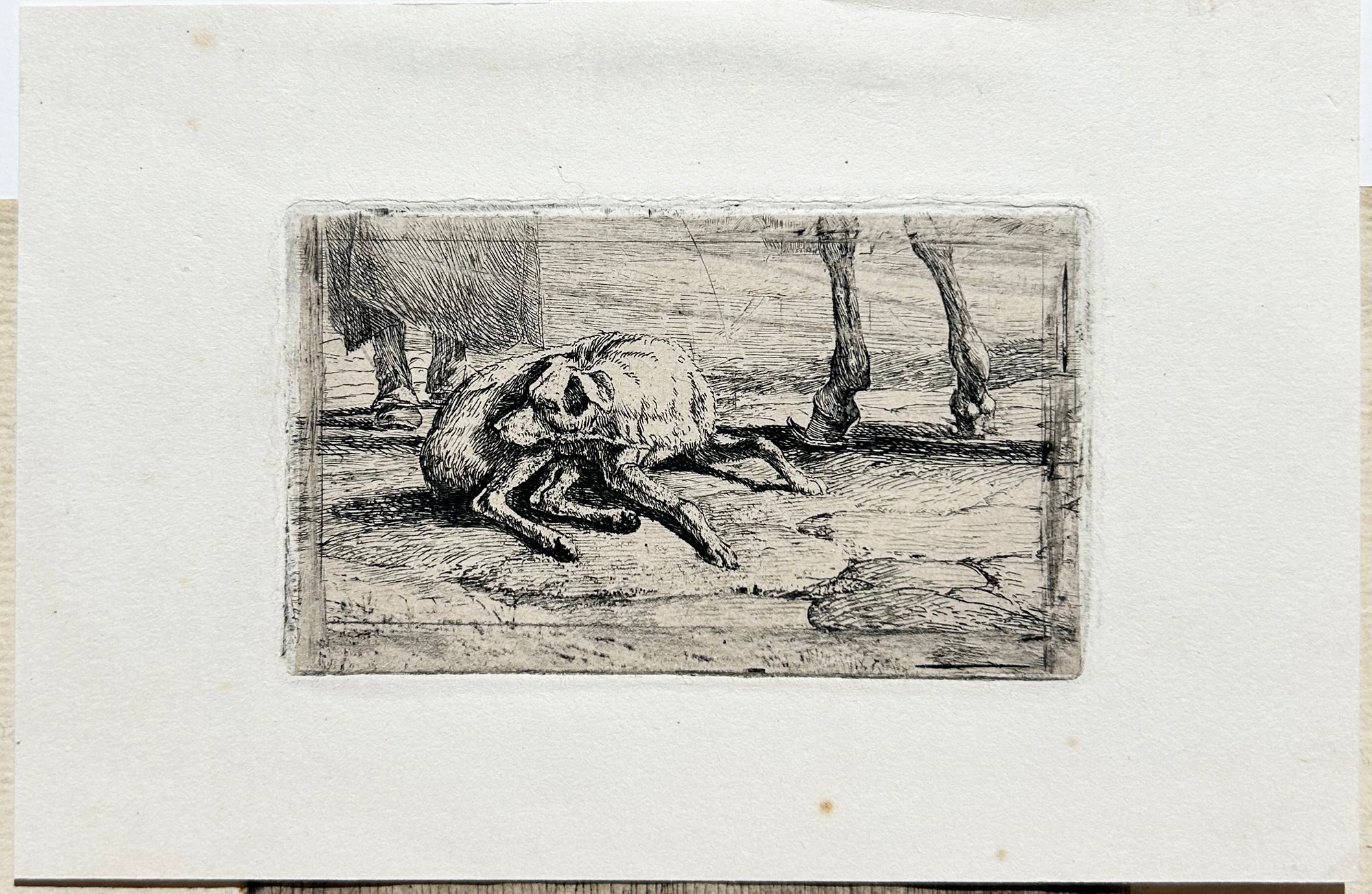 Antoine Jean DUCLAUX - Chien endormi sur des pavés aux pieds d'un homme. c.1830. Gravure originale.