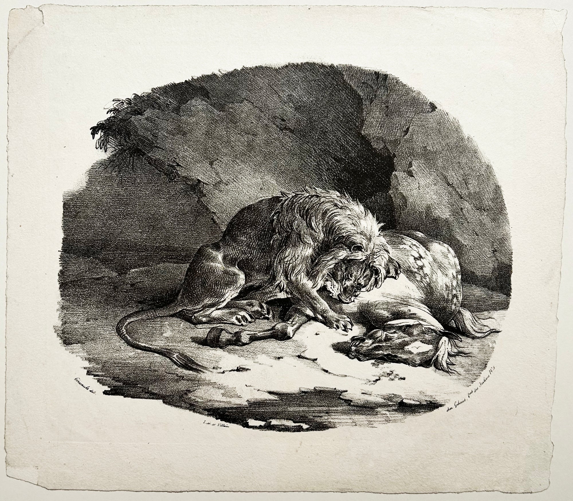 Théodore GERICAULT - Cheval dévoré par un lion. 1823. Lithographie originale.