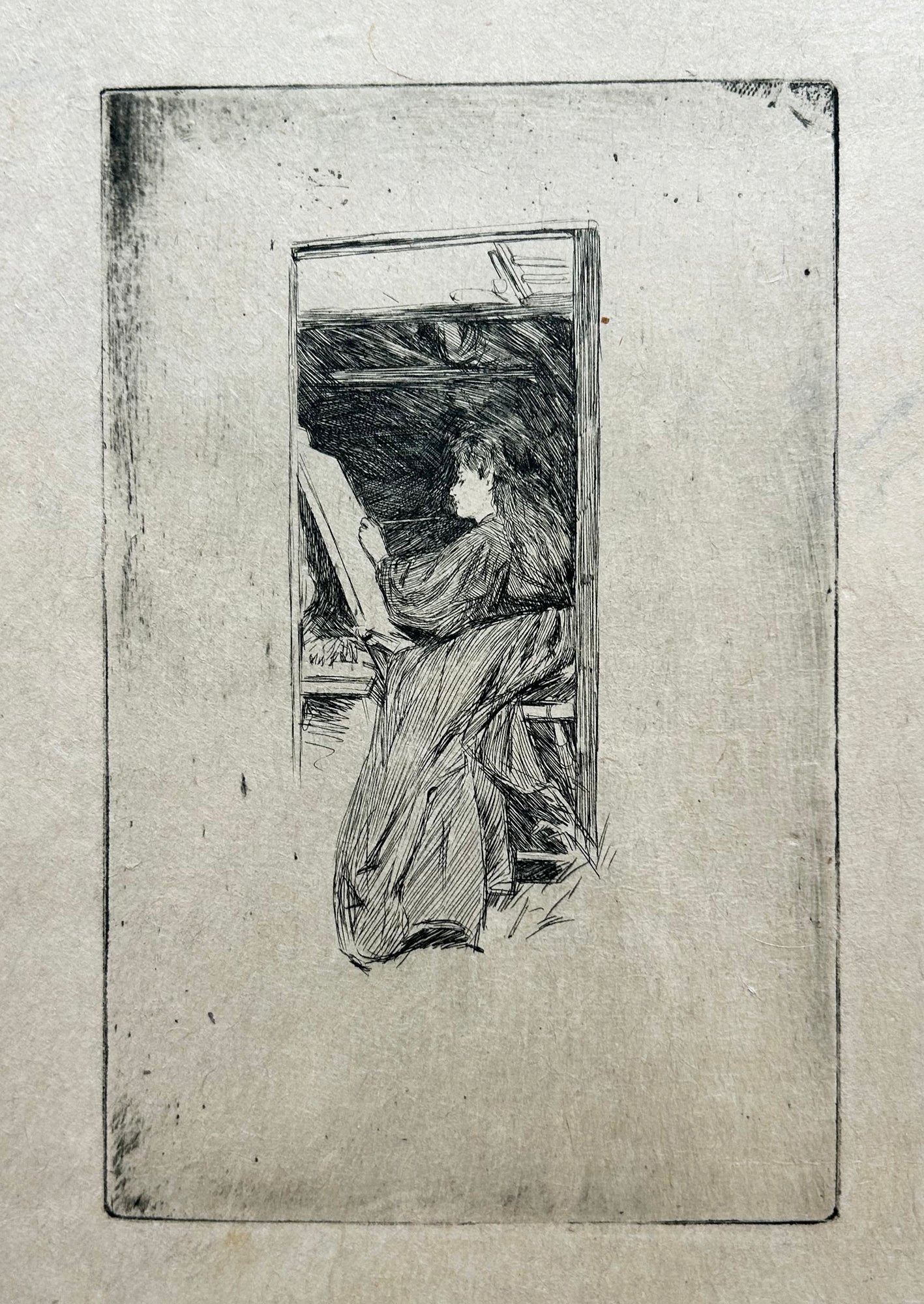 Charles Samuel KEENE - Portrait de Mme Zambaco dessinant. c.1860. Gravure originale.