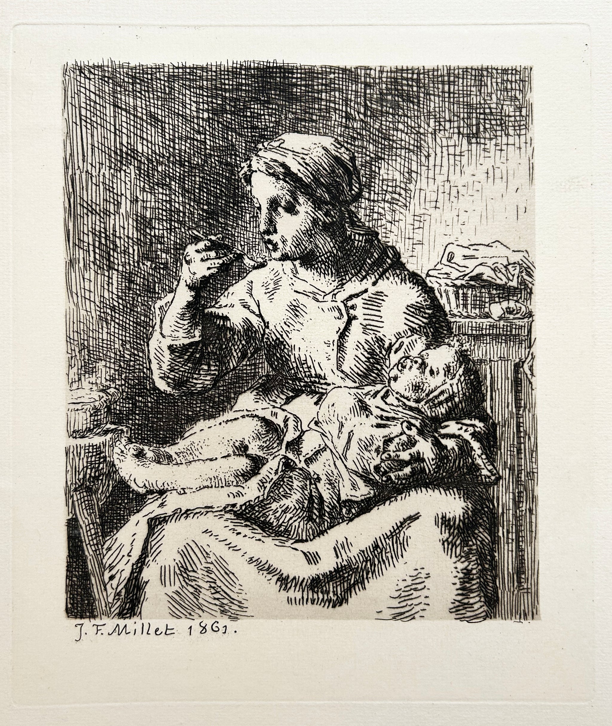 Jean-François MILLET - La bouillie. EAu-forte originale.
