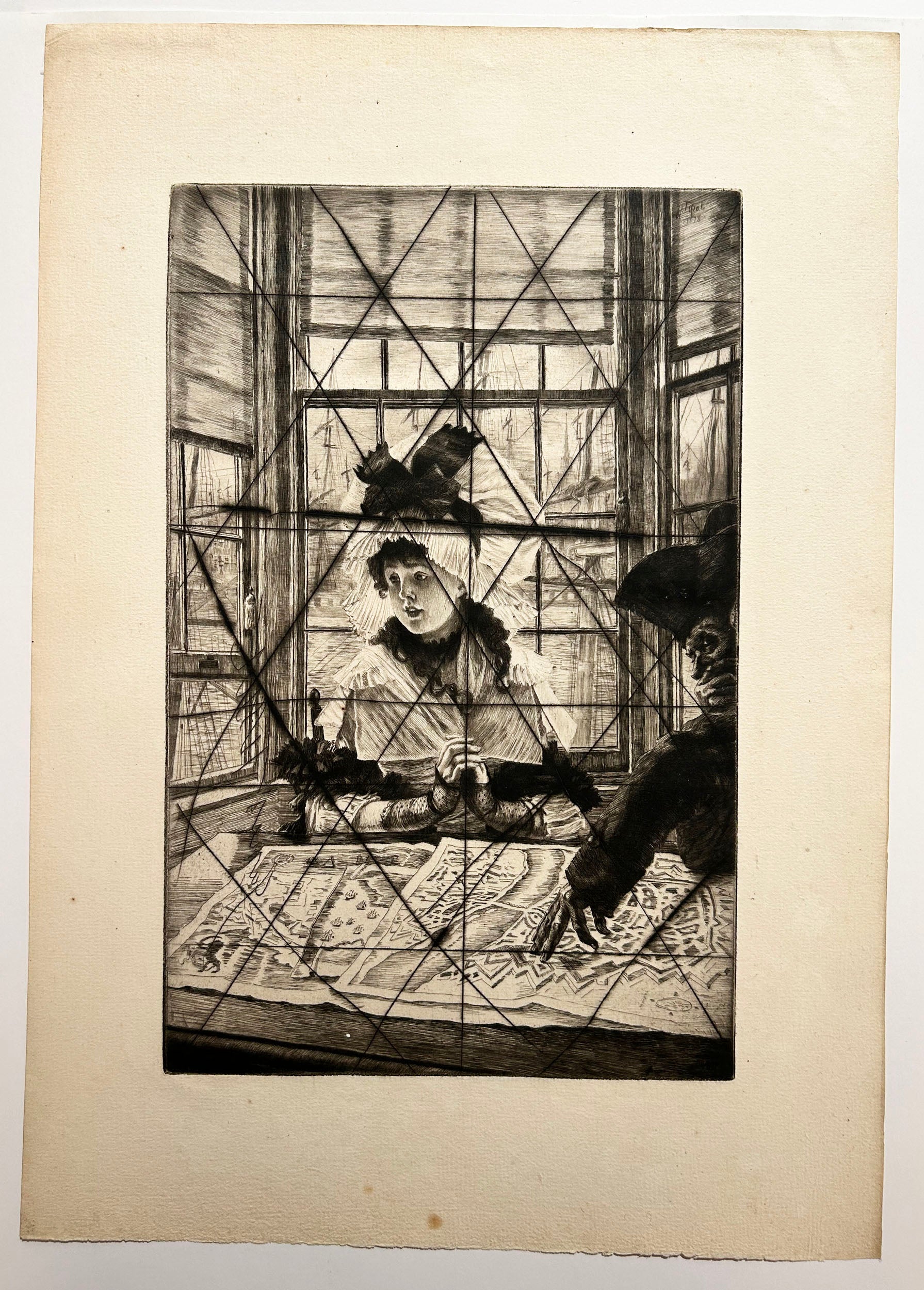 James TISSOT - Histoire ennuyeuse ou Le cartographe. 1878. Gravure originale.