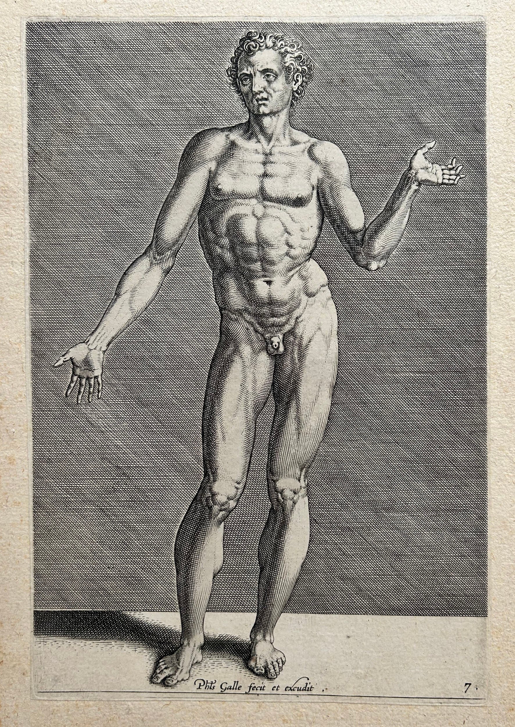 Philippe GALLE - Nu masculin de face. 1589. Burin.