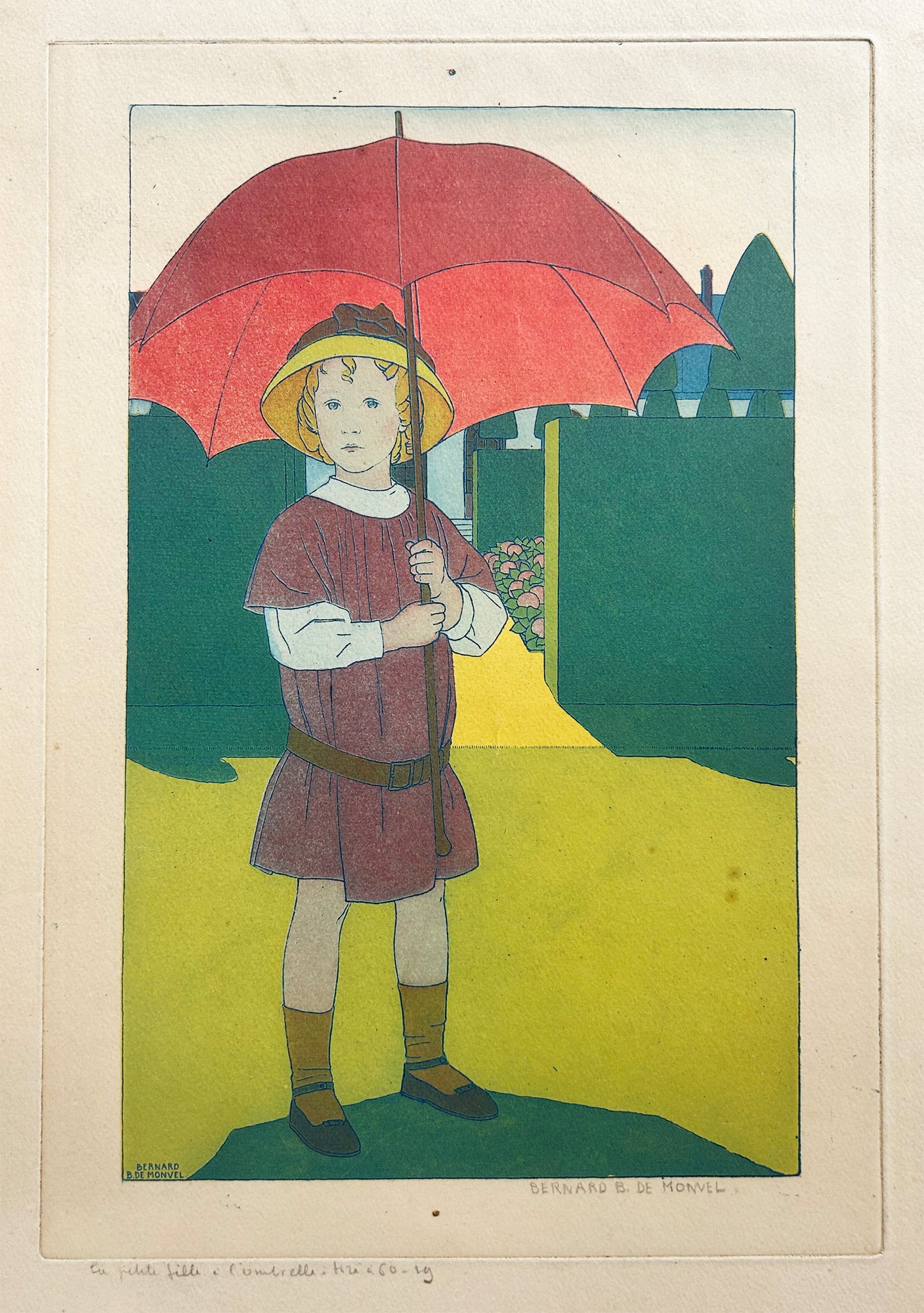 Bernard BOUTET DE MONVEL - La petite fille à l'ombrelle. c.1910. Gravure originale à l'eau-forte et à l'aquatinte, imprimée en couleurs au repérage. H320