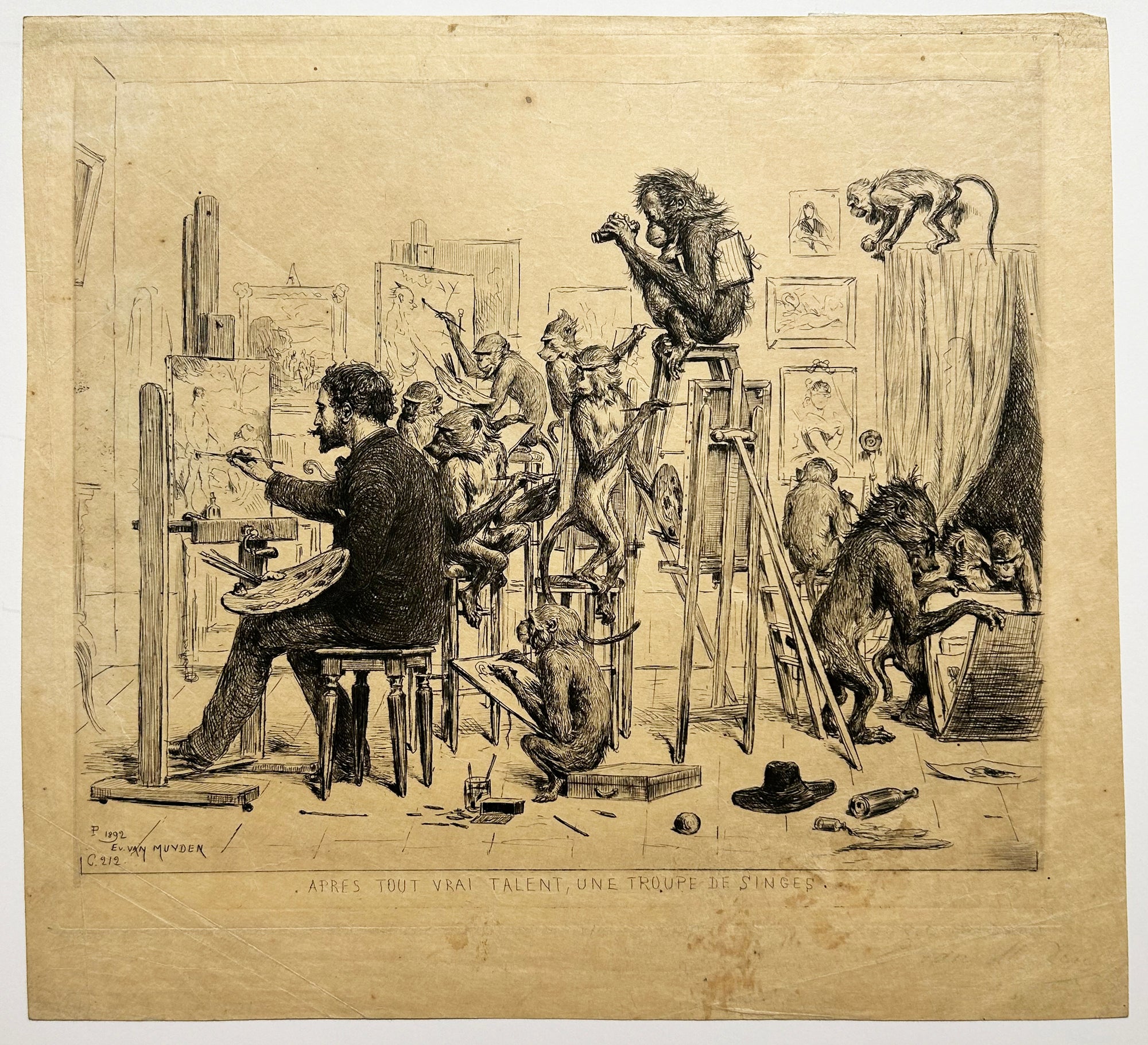 VAN MUYDEN Après tout vrai talent, une troupe de signes. 1892. Gravure originale.