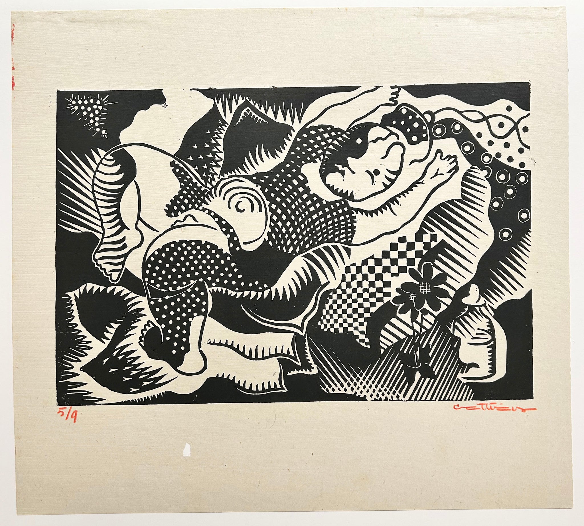 Louis CATTIAUX Enfant-Roi. 1933. Bois gravé signé.