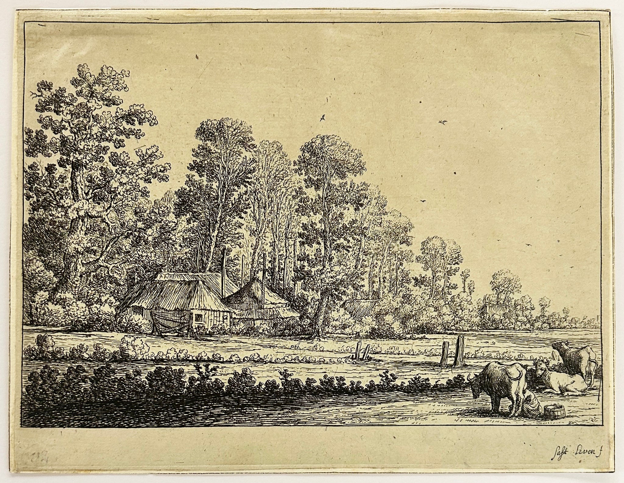 Paysage, femme trayant une vache.