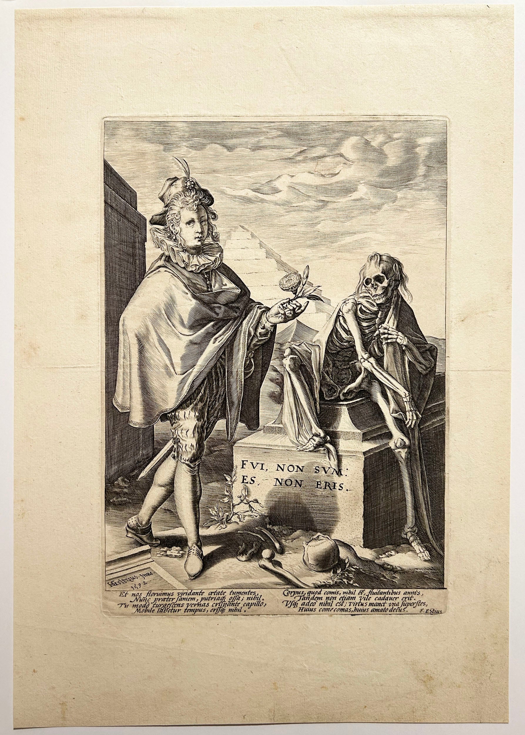 La Mort assise sur une tombe près d'un jeune homme tenant une fleur. Memento Mori. 1592.
