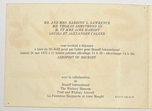 Charger l'image dans la galerie, Sandy’s Air Party 1975. Carton d'invitation au déjeuner à bord du DC-8-62 peint par Calder pour Braniff International, le samedi 31 mai 1975 à 11 heures précises à l'Aéroport du Bourget. Décollage à 11h30 et atterrissage à 14h30.